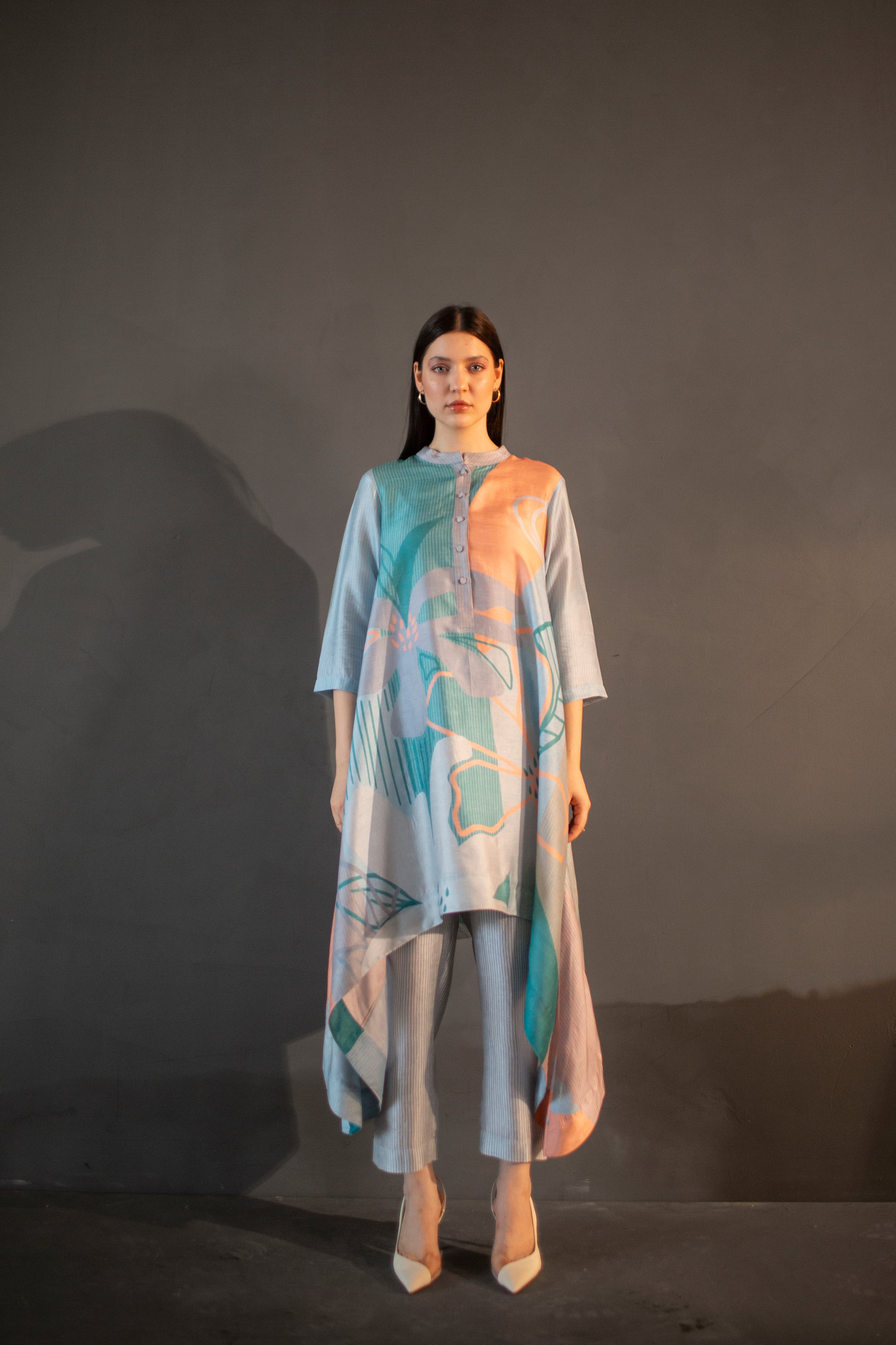 Blue & Orange Long Kaftan Tail Set