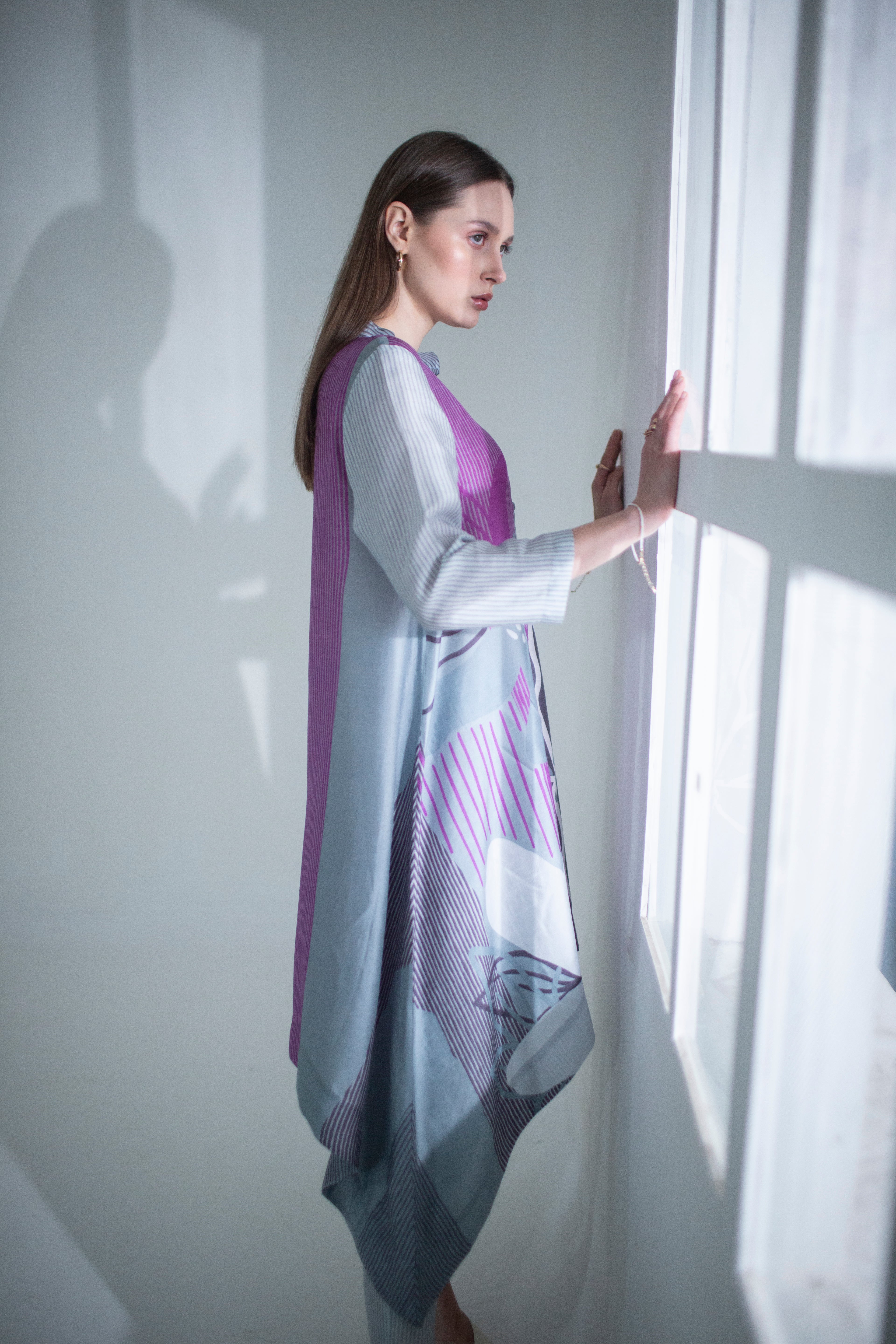 Grey & Purple Long Kaftan Tail Set