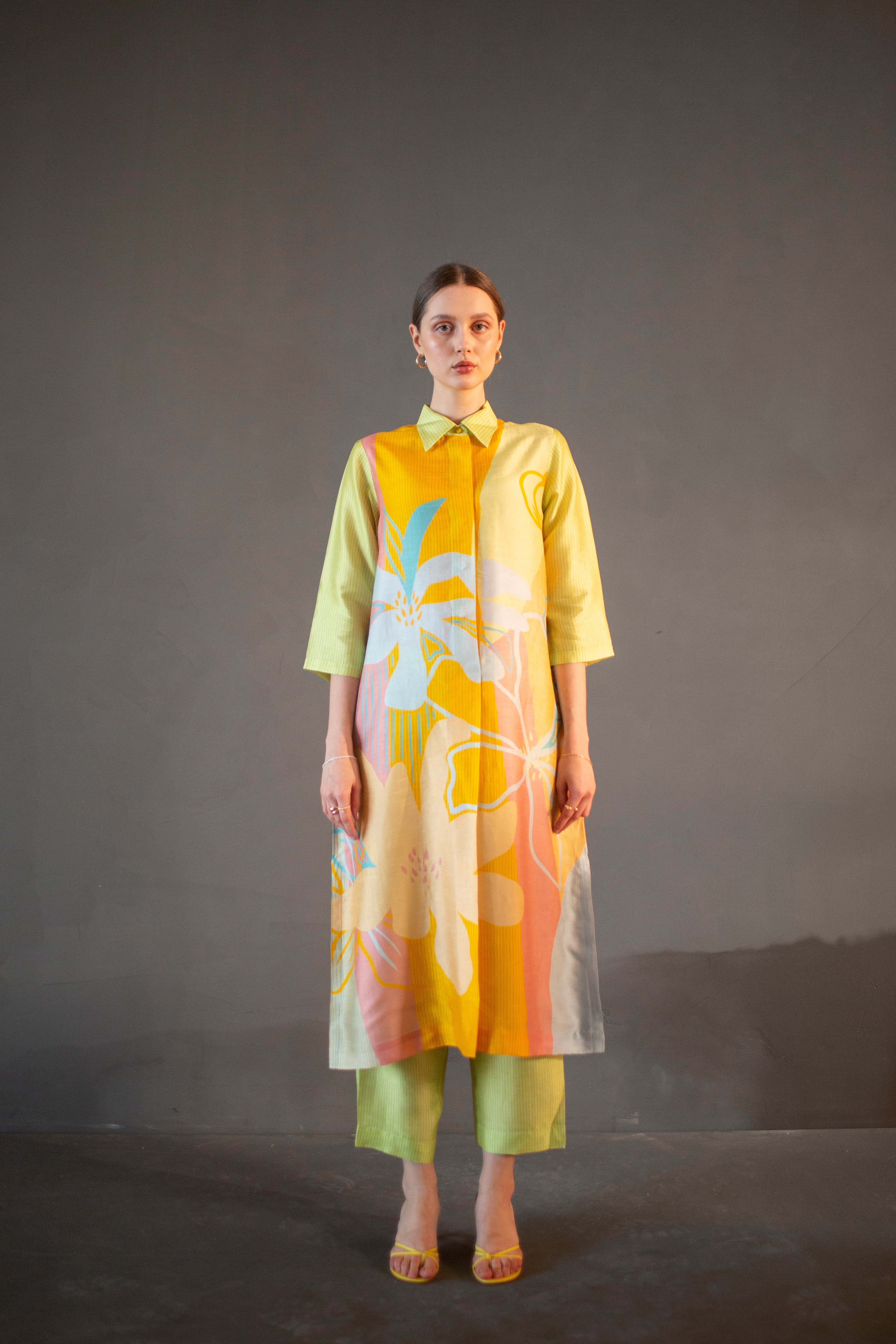 Green & Yellow Long Straight Kurta Set