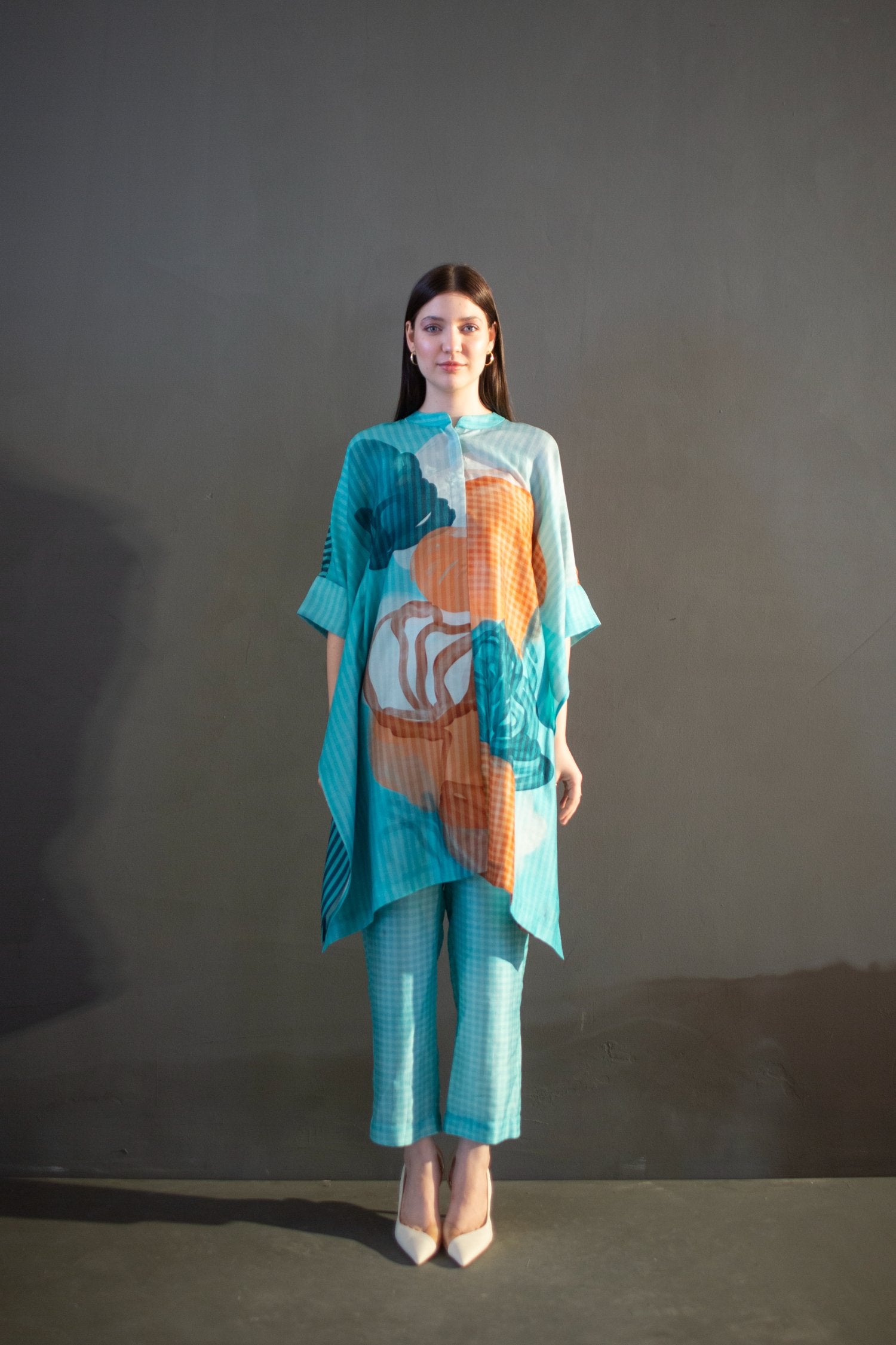 Blue & Orange Asymmetric Kurta Set