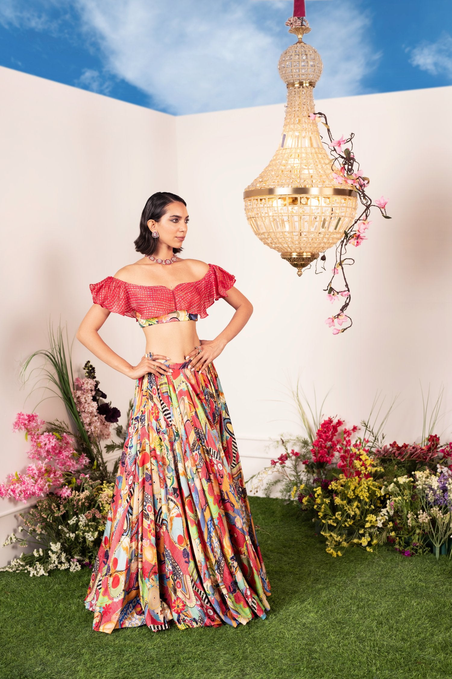 Lehenga Paired With Ruffle Coral Blouse