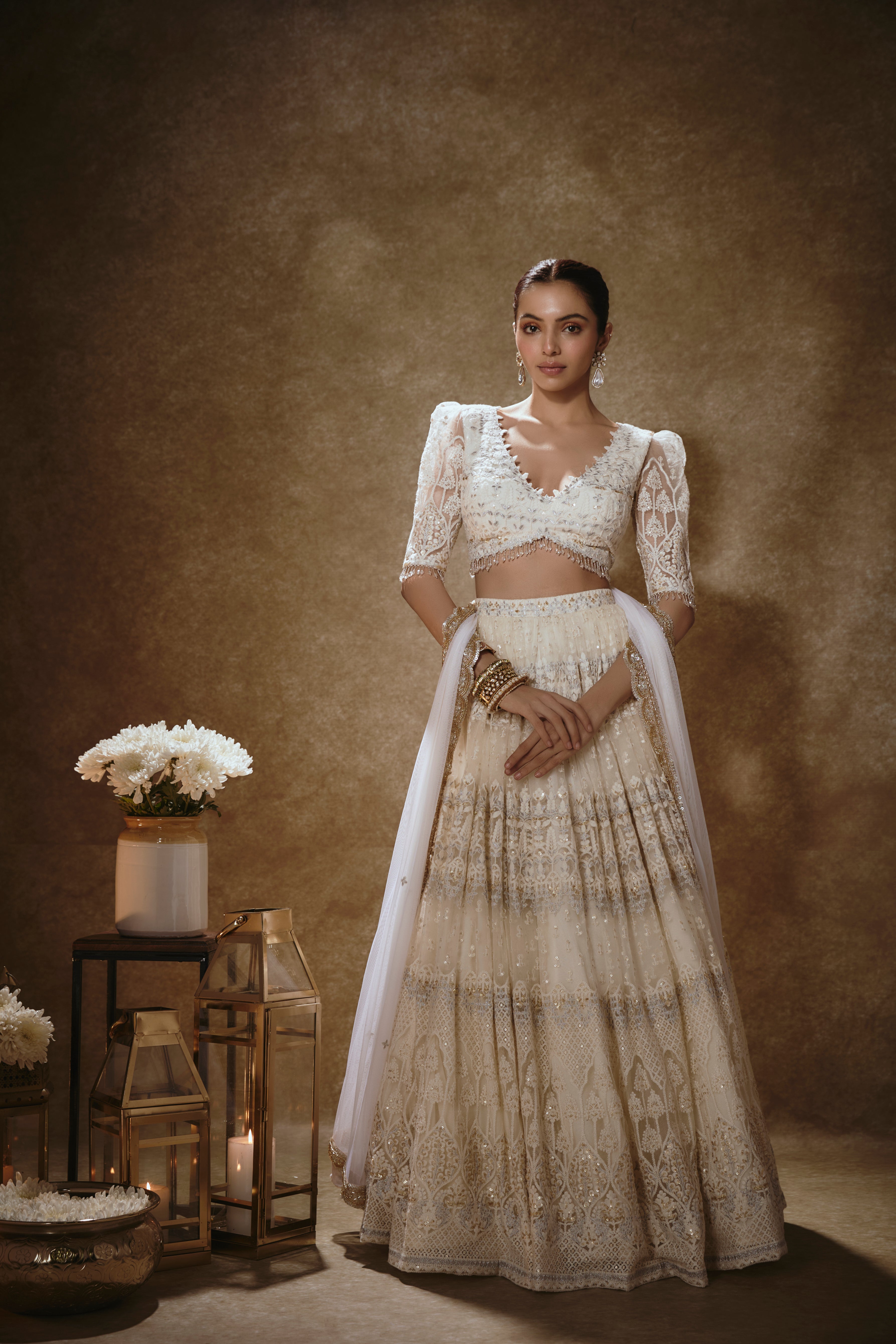 Porcelain White & Gold Lehenga Set