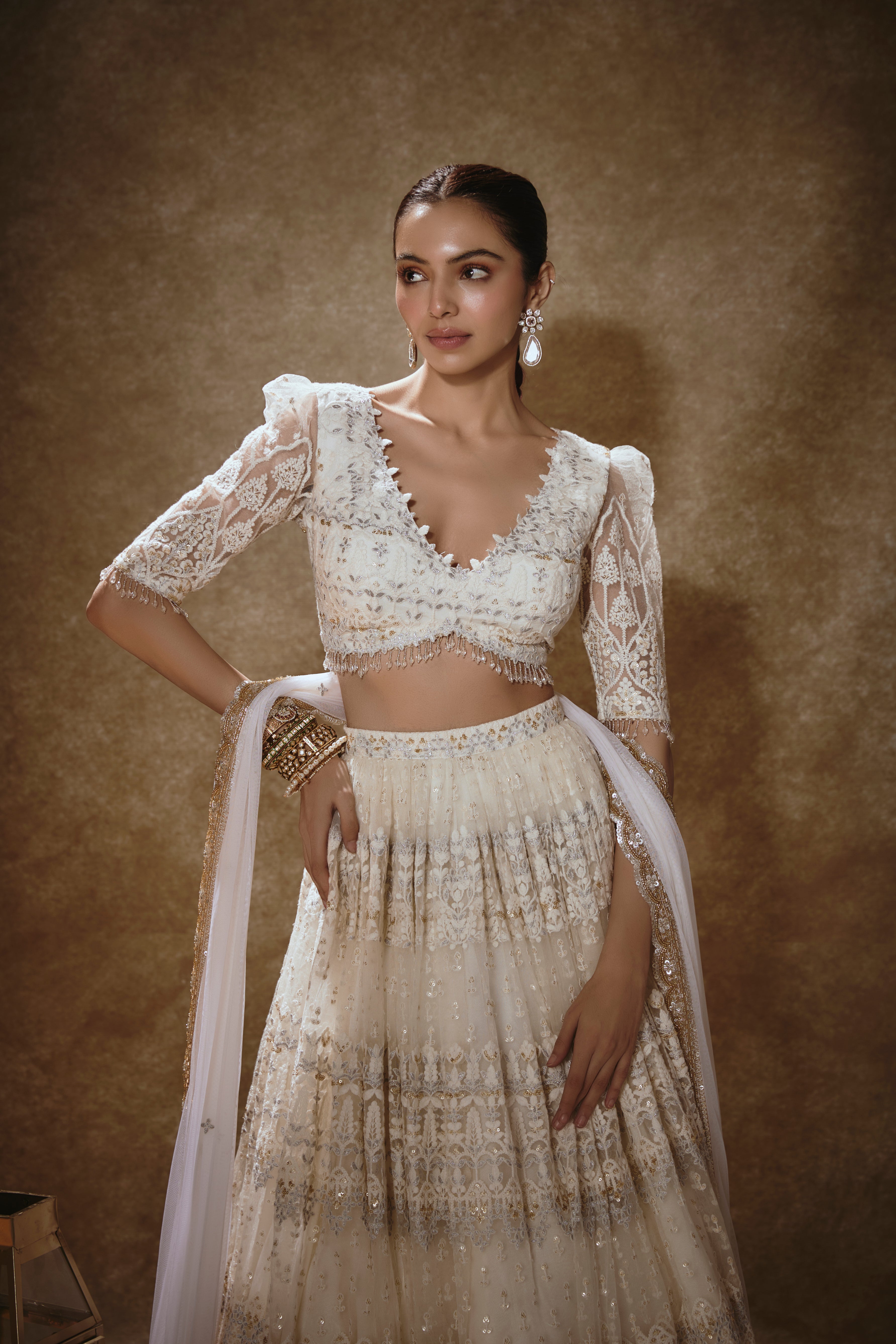 Porcelain White & Gold Lehenga Set