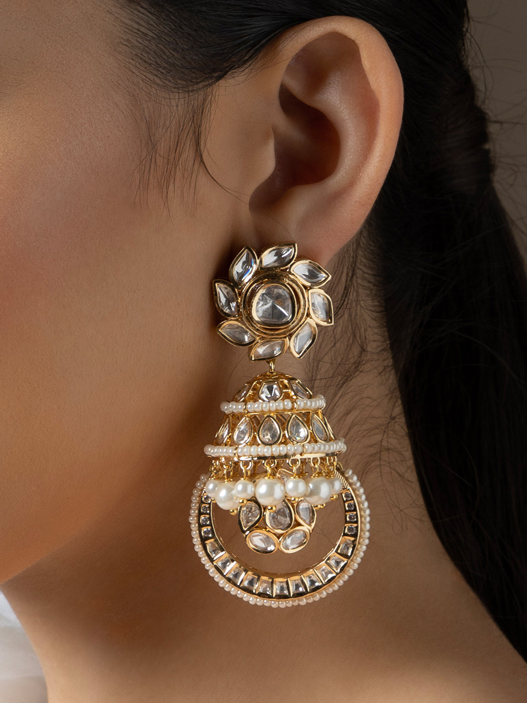 Polki And Pearl Jhumka Earrings