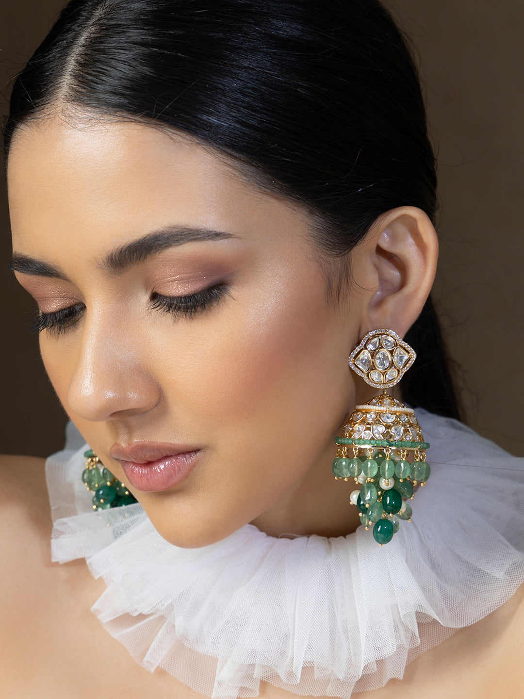 Polki And Green Beads Jhumka Earrings