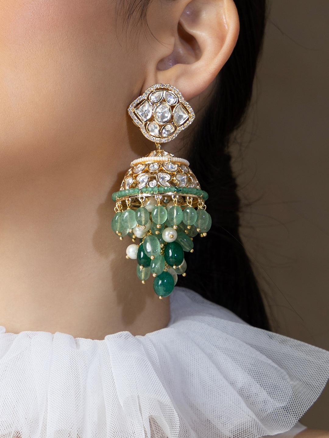 Polki And Green Beads Jhumka Earrings