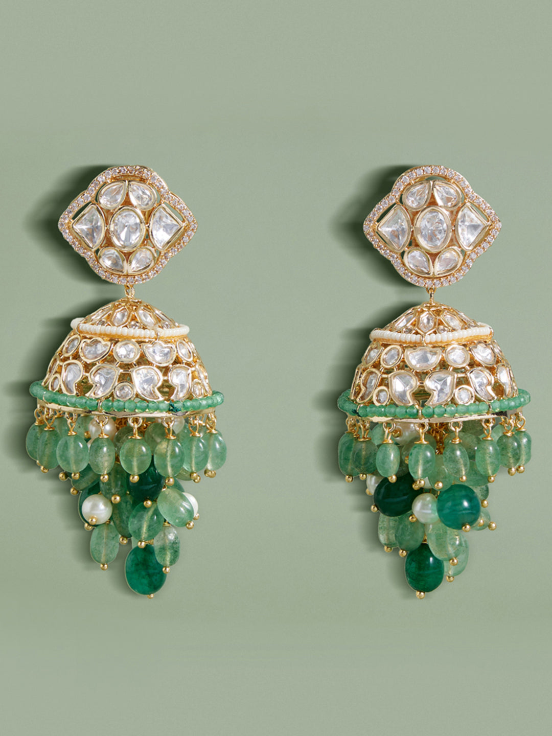 Polki And Green Beads Jhumka Earrings