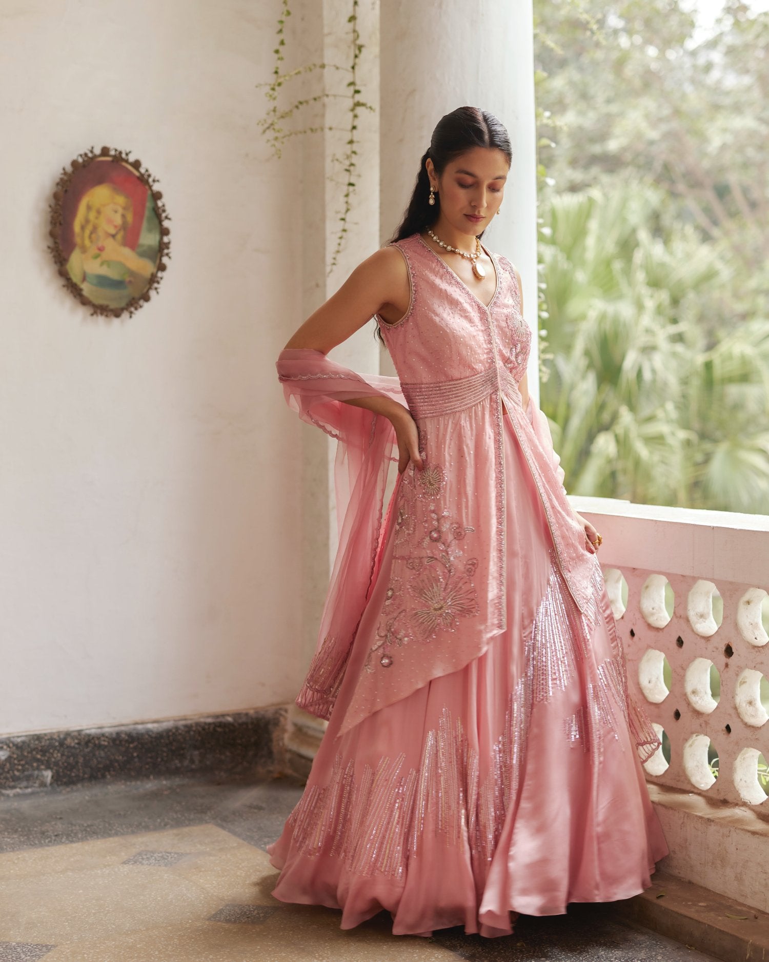 Rose Pink Asymmetric Peplum With Embroidered Lehenga