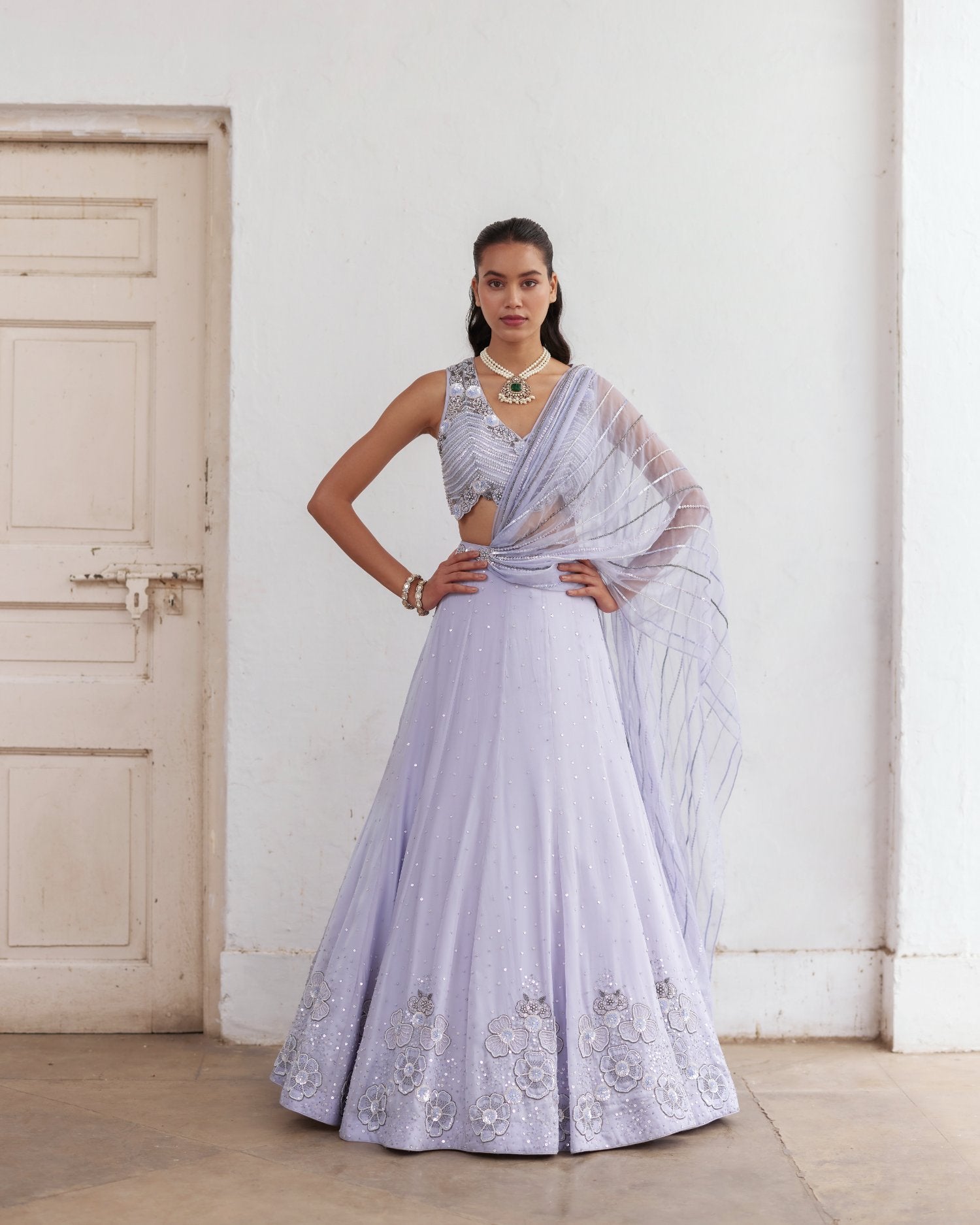 Aegen Blue Lehenga With Pre Draped Dupatta