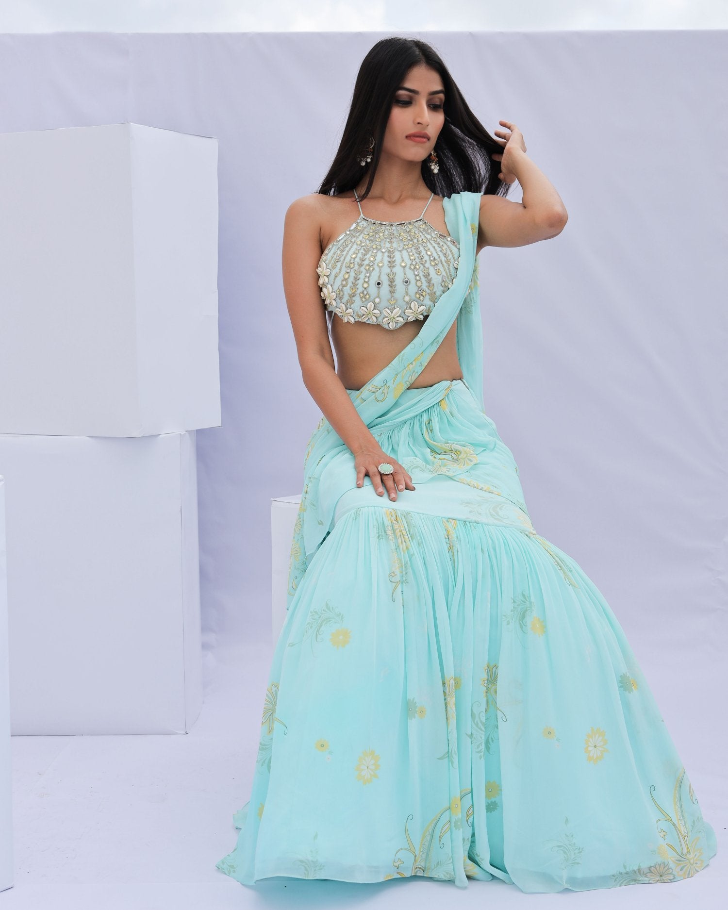 Blue Pre-Draped Ruffle Paisely Print Saree Set