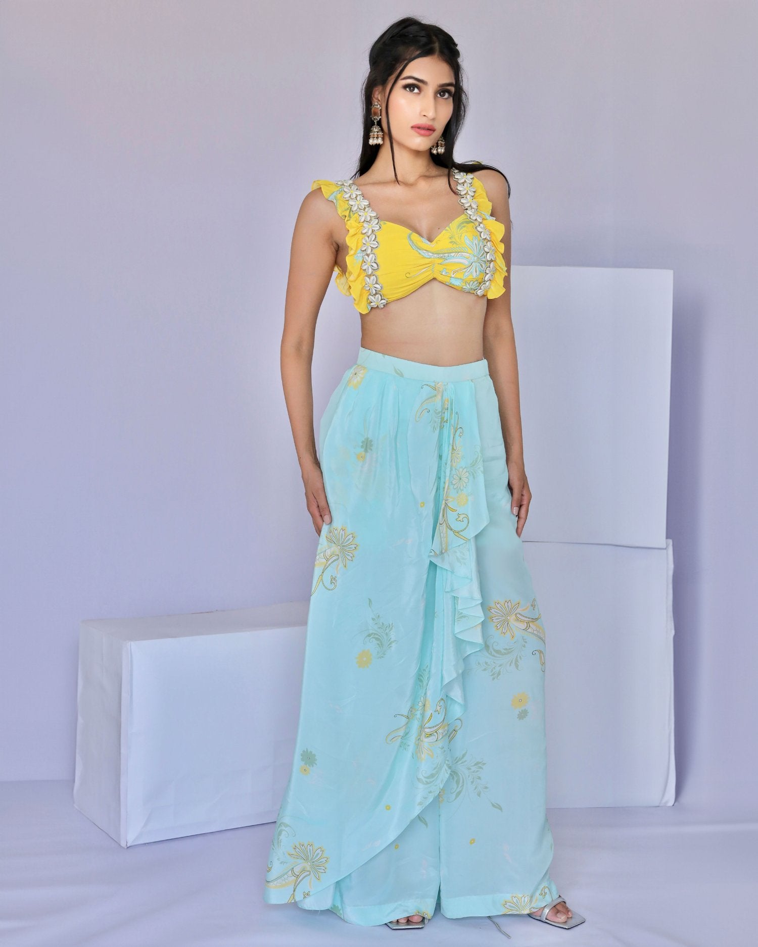 Embroidered Yellow Paisley Print Dhoti Pant Set