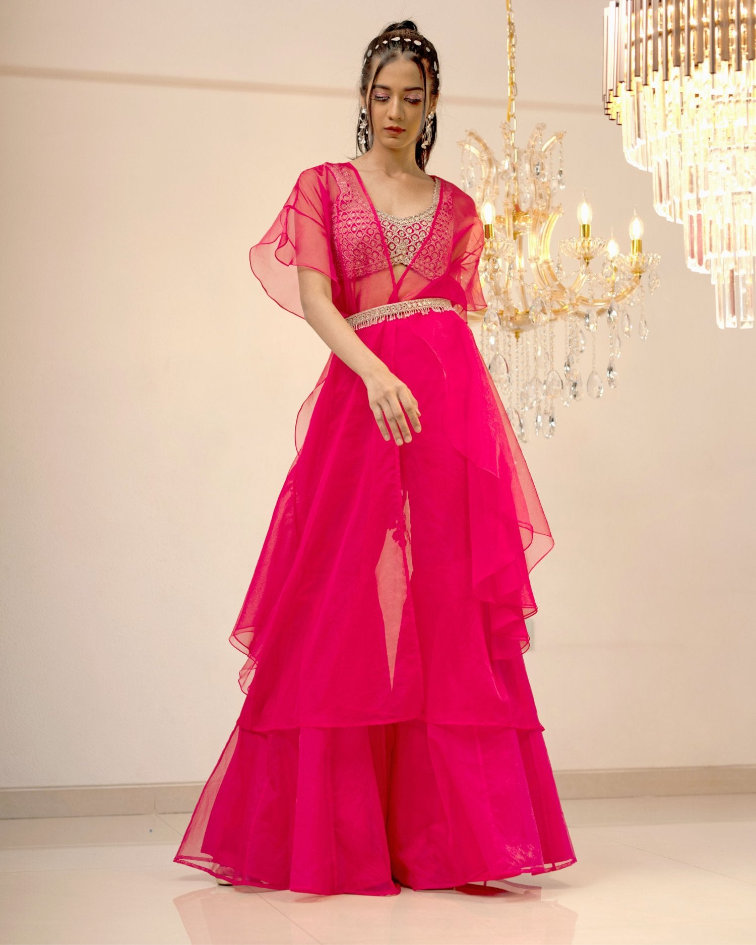 Pink Organza Gharara Cape Set