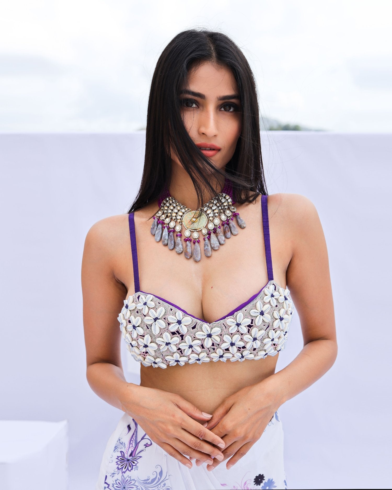 Purple Cowrie Embroidered Bralette Skirt Set