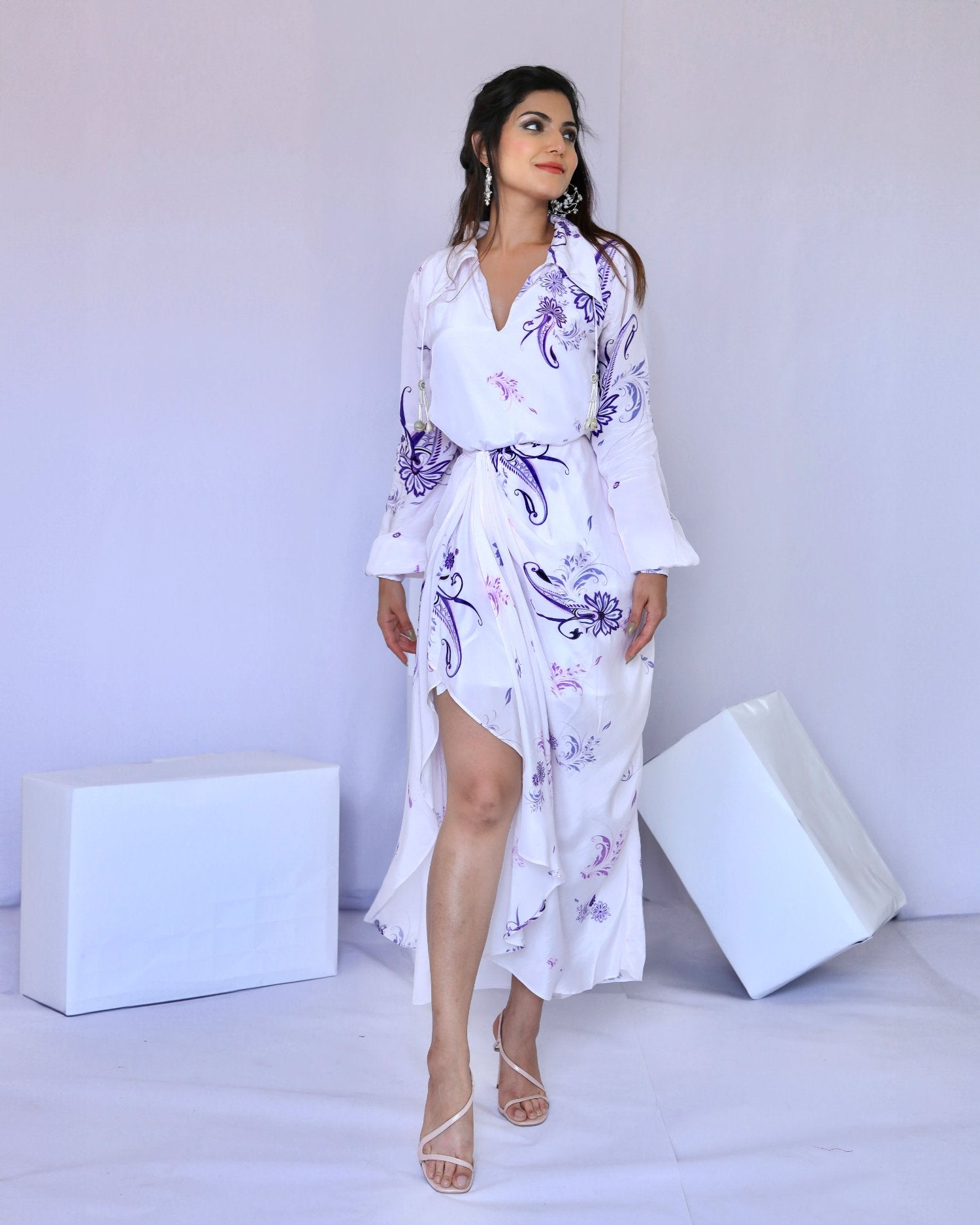 White & Purple Paisley Print Wrap Dress