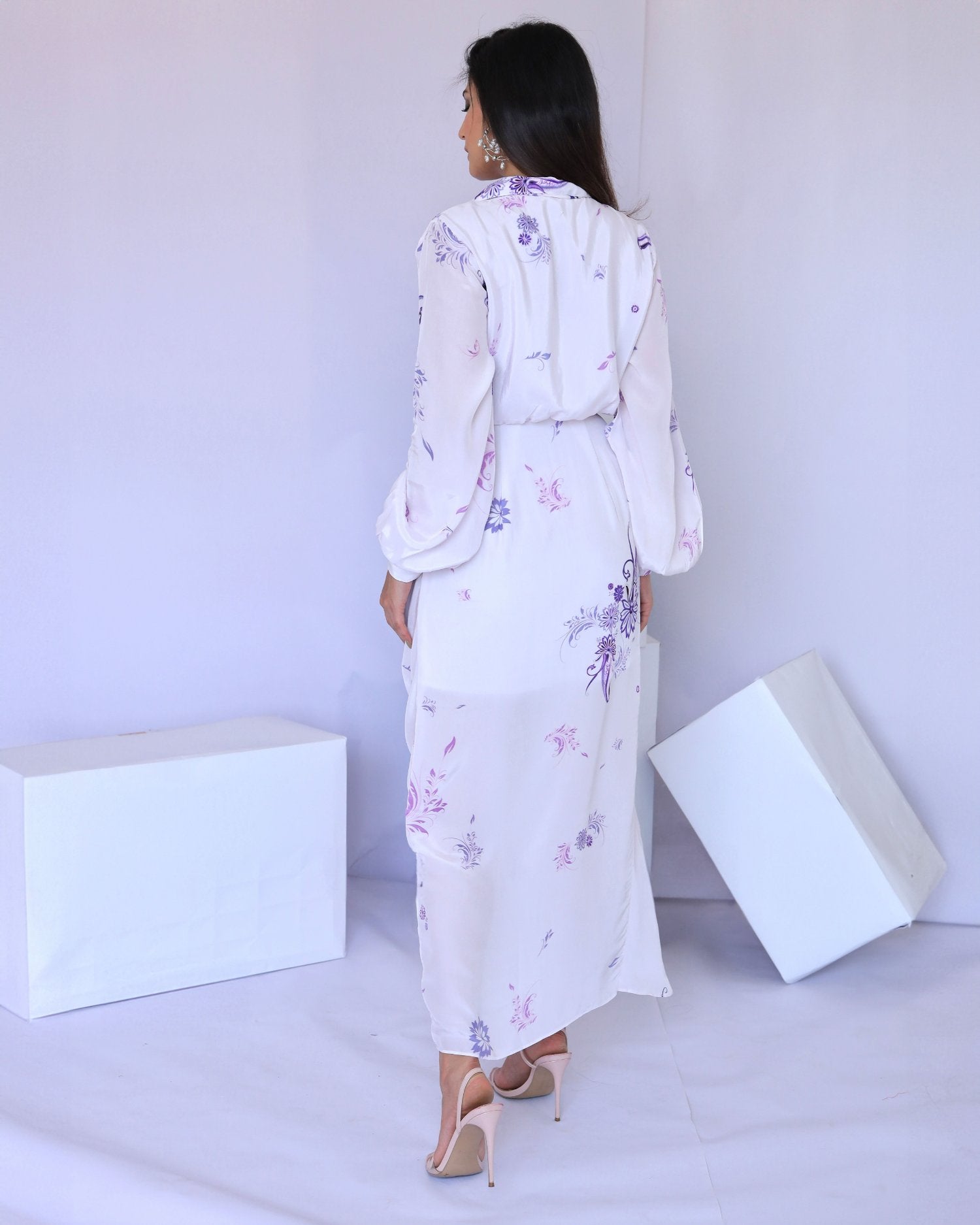 White & Purple Paisley Print Wrap Dress