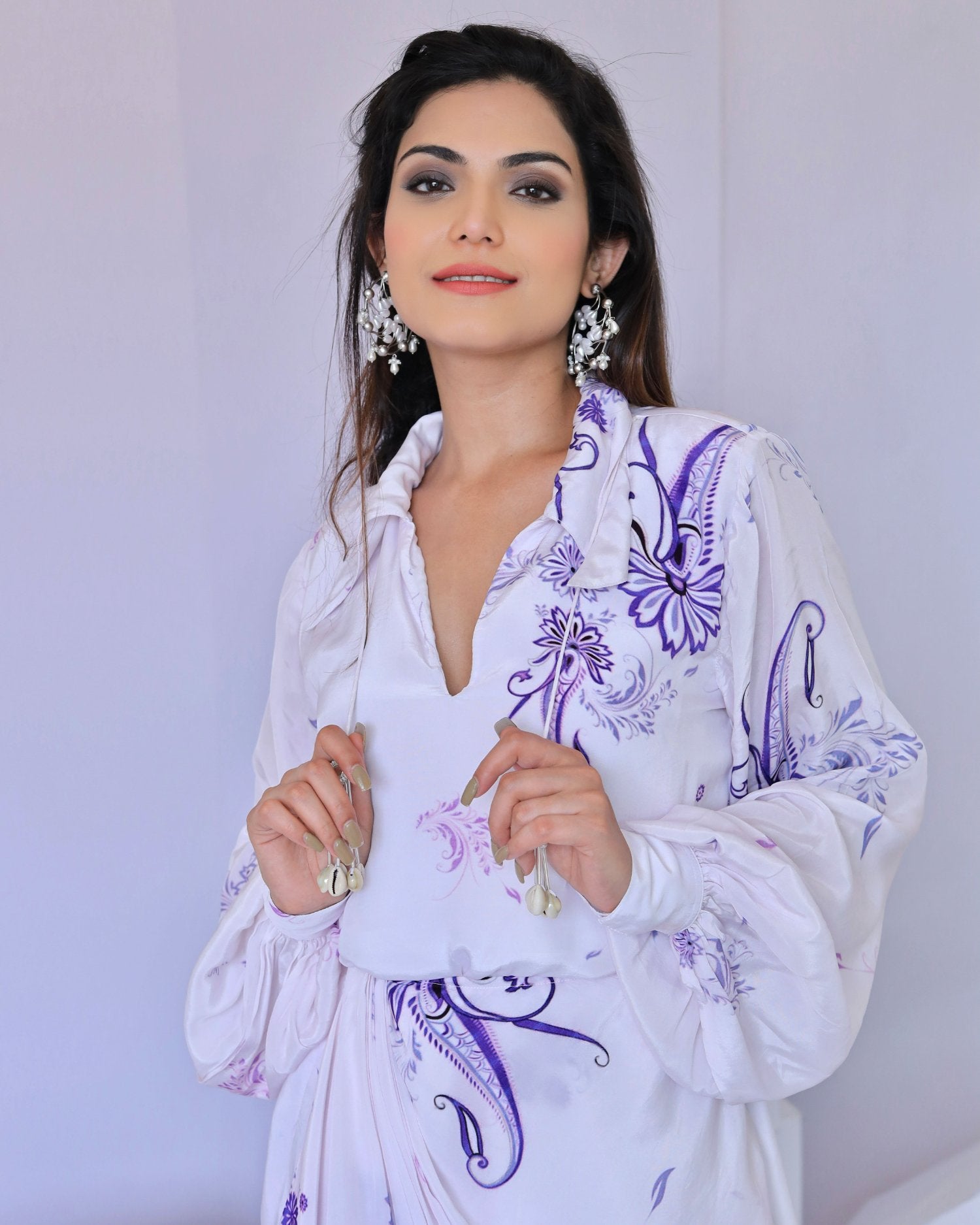 White & Purple Paisley Print Wrap Dress