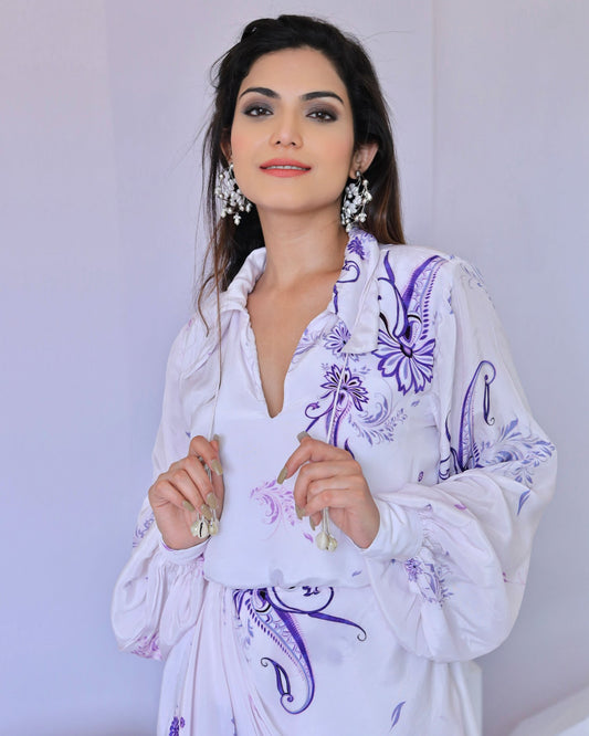 White & Purple Paisley Print Wrap Dress