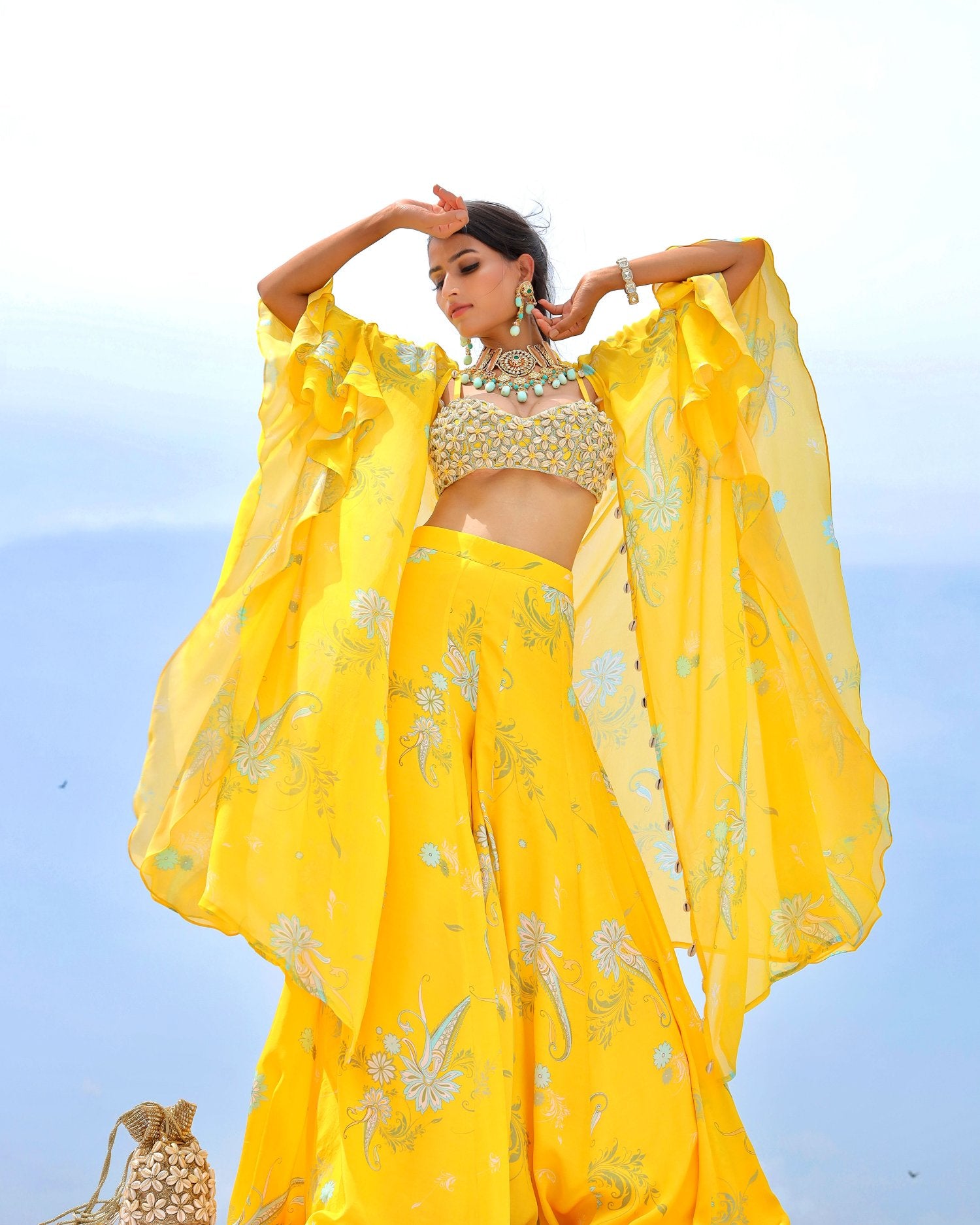 Yellow Cowrie Embroidered Cape Sharara Set