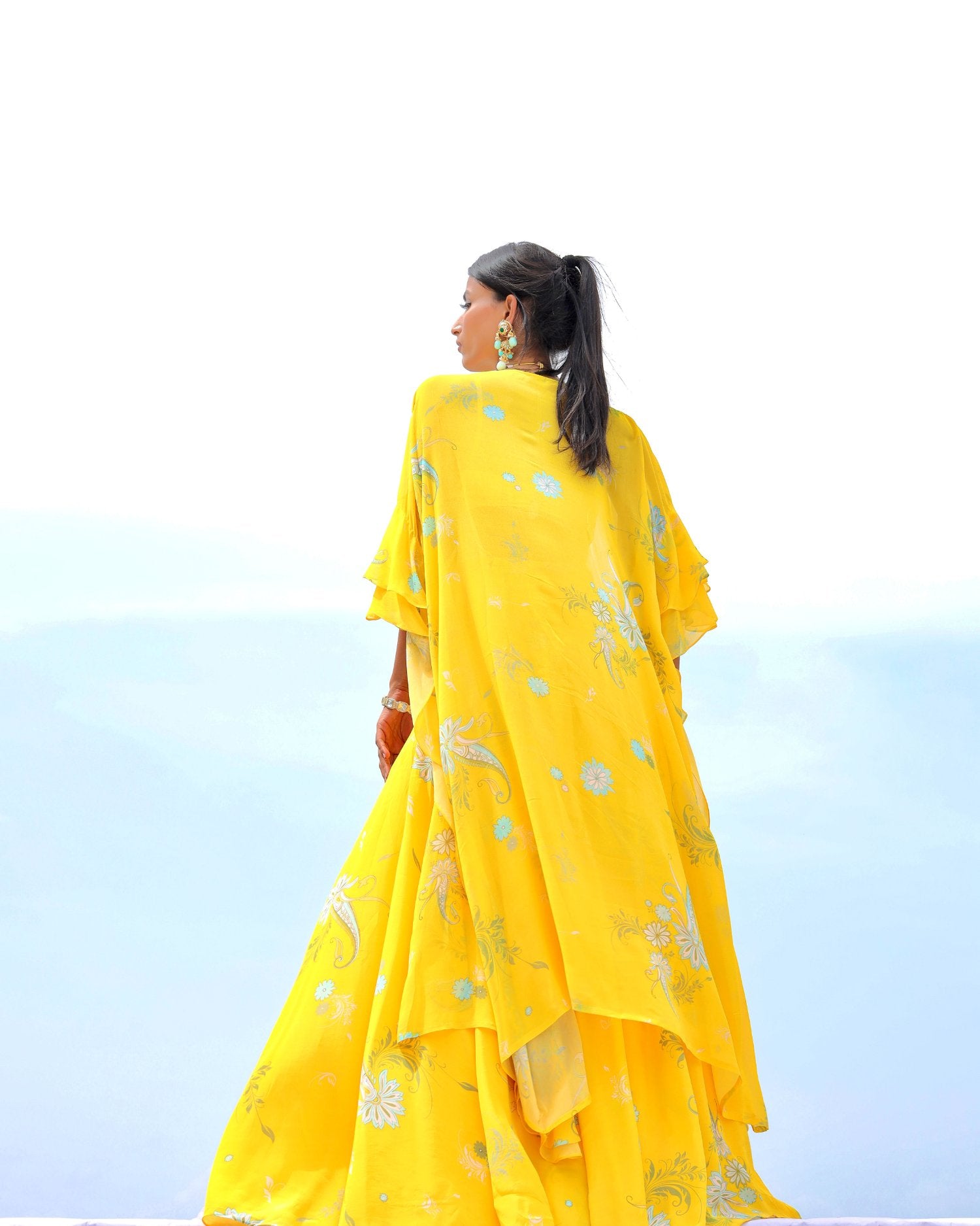 Yellow Cowrie Embroidered Cape Sharara Set