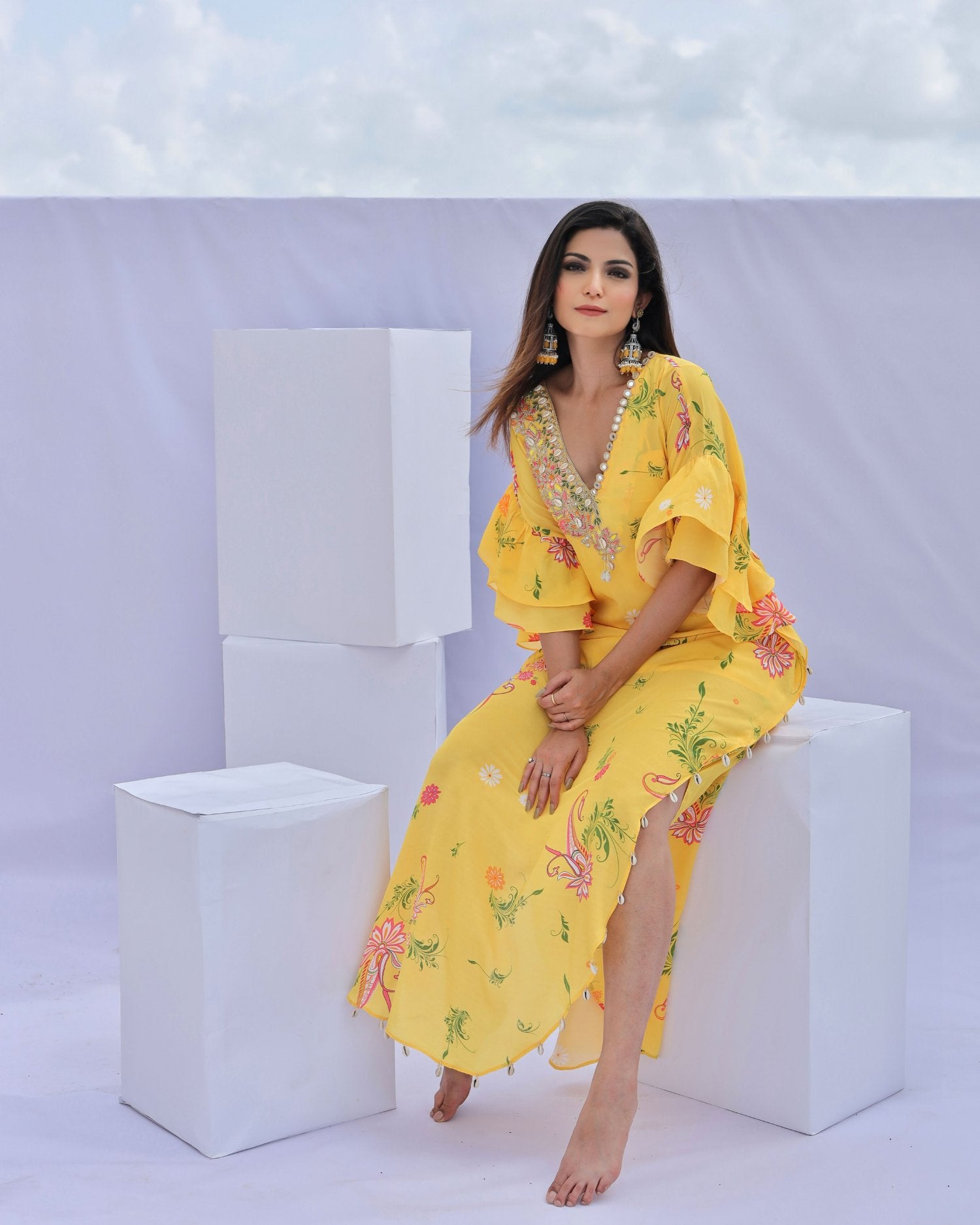 Yellow Paisley Print Embroidered Kaftan