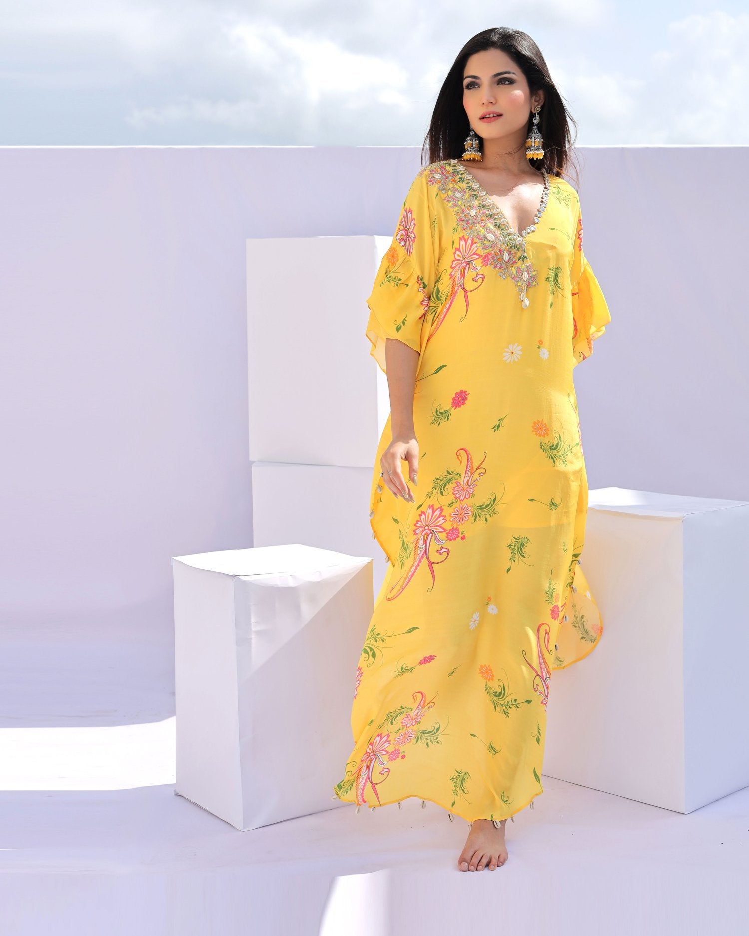 Yellow Paisley Print Embroidered Kaftan