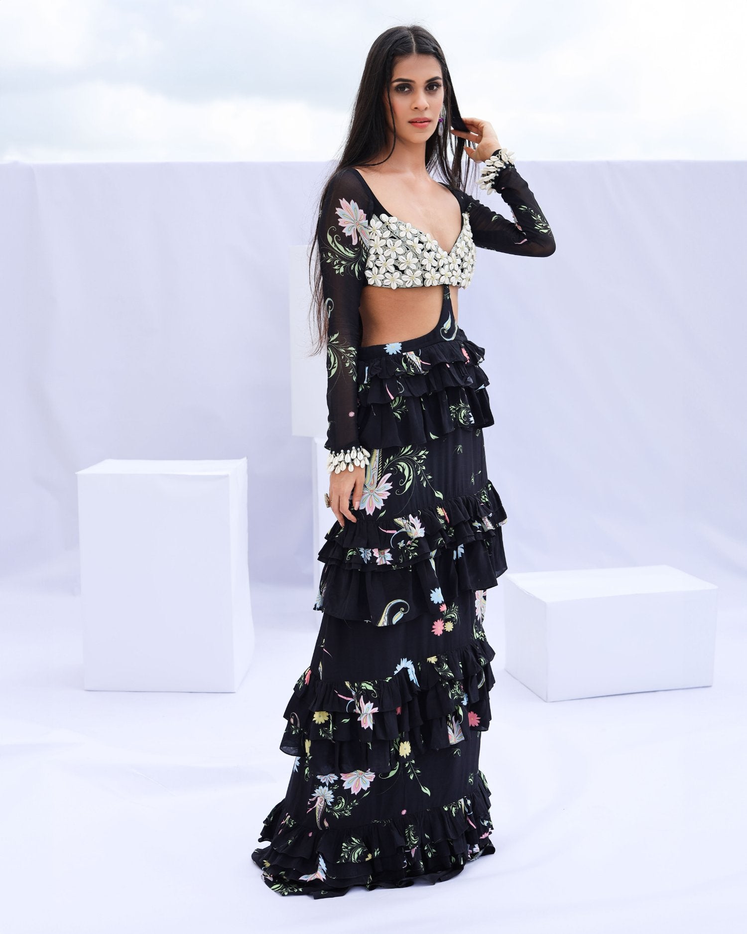 Black Print Cowrie Embroidered Maxi Dress