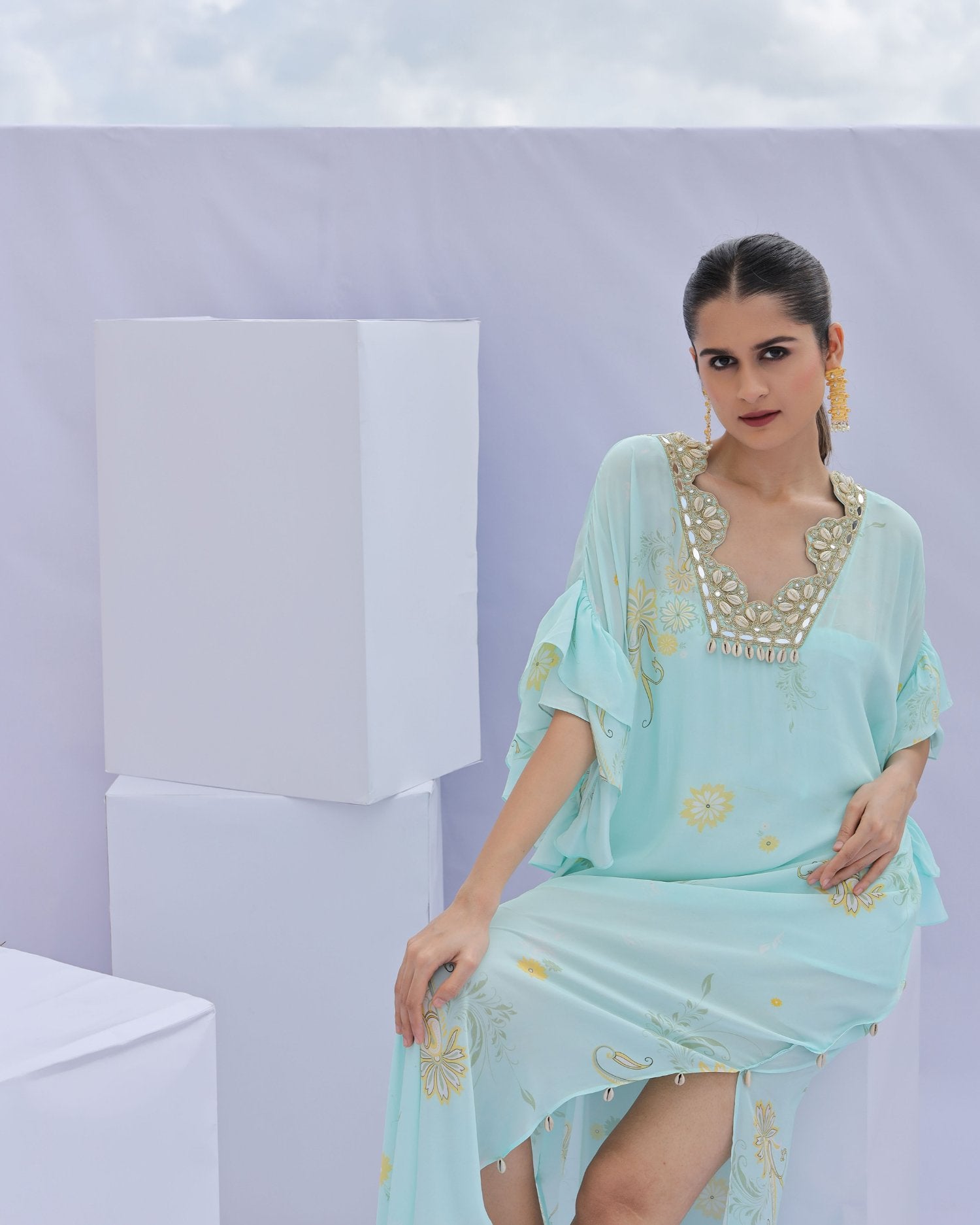 Blue Paisley Print Embroidered Kaftan