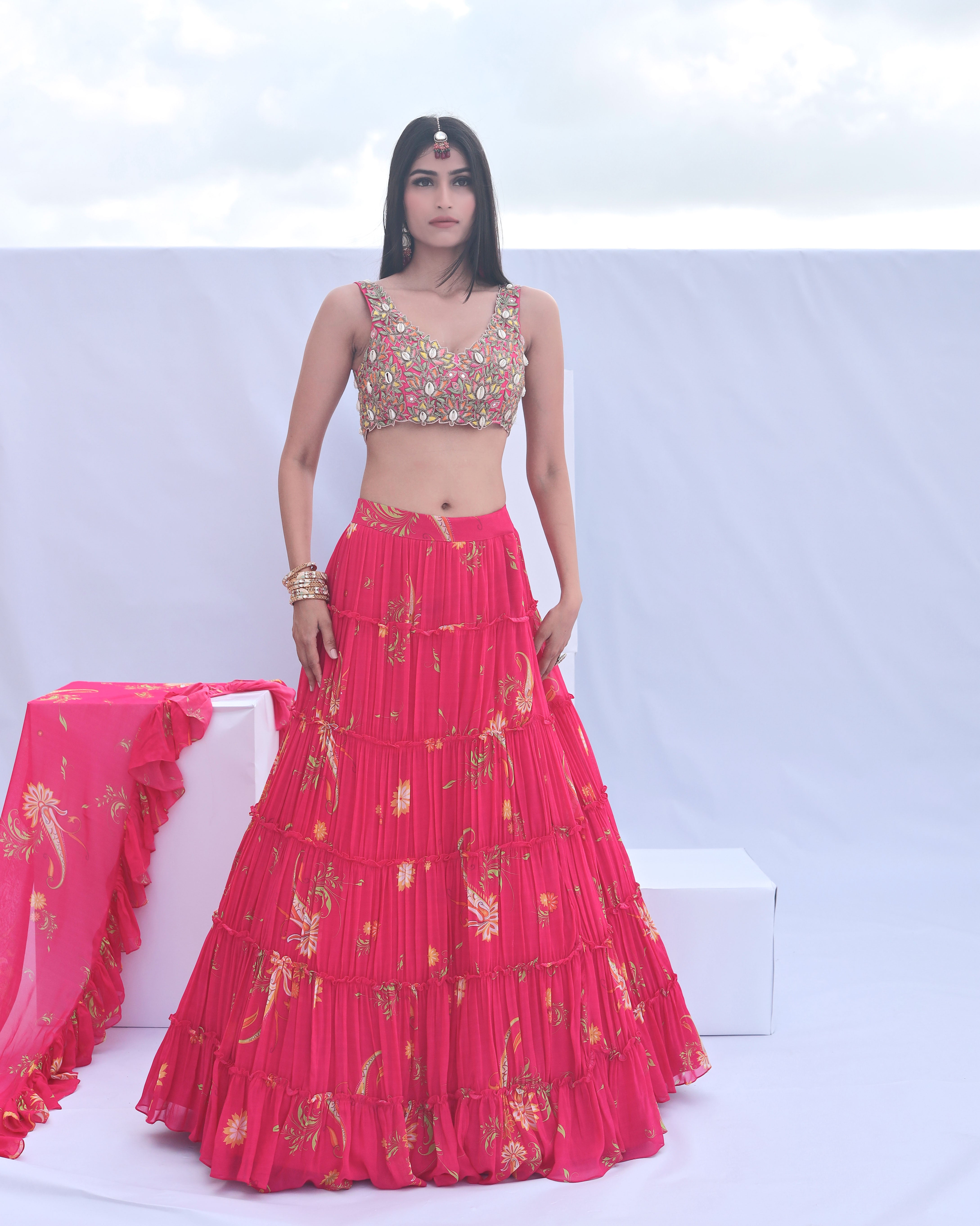 Pink Paisley Print Tiered Lehenga