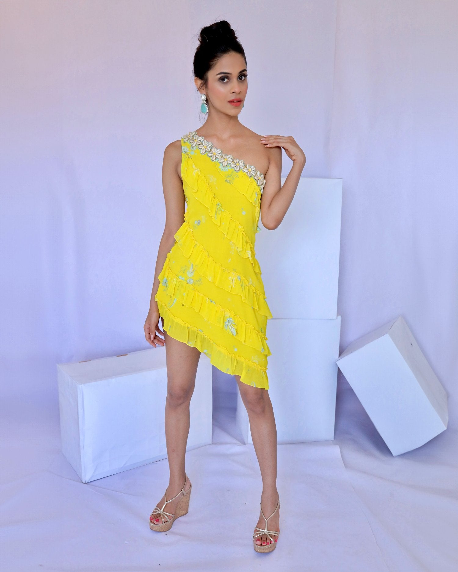 Yellow Embroidered One Shoulder Ruffle Dress AGASHE