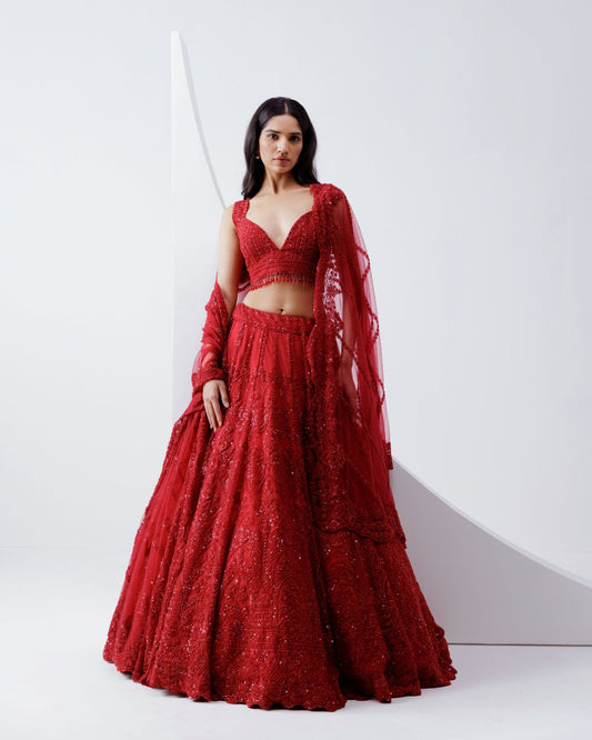 Red Embroidered Lehenga Set