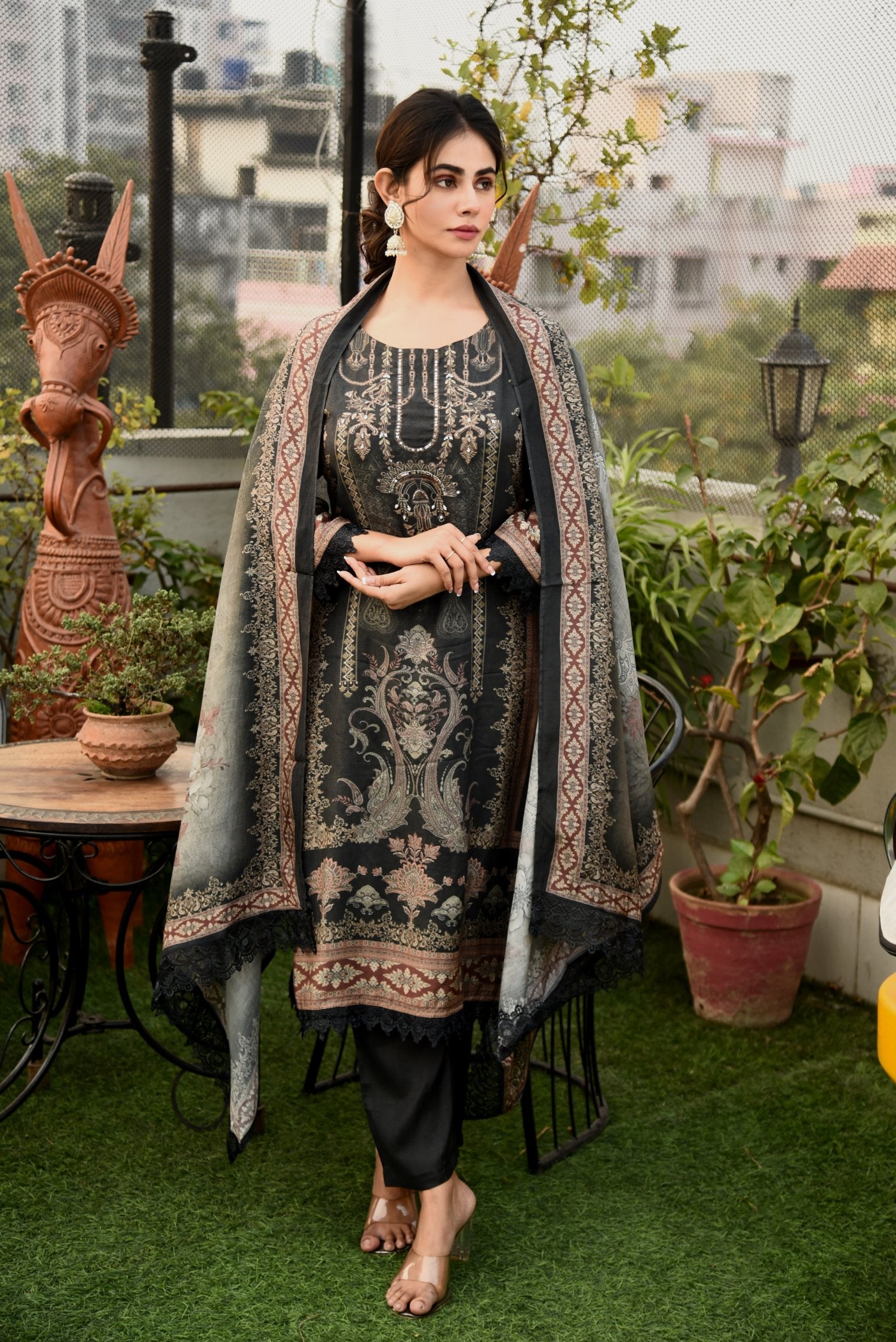 Sable Grey Muslin Silk Printed Kurta set with Hand Emroidery