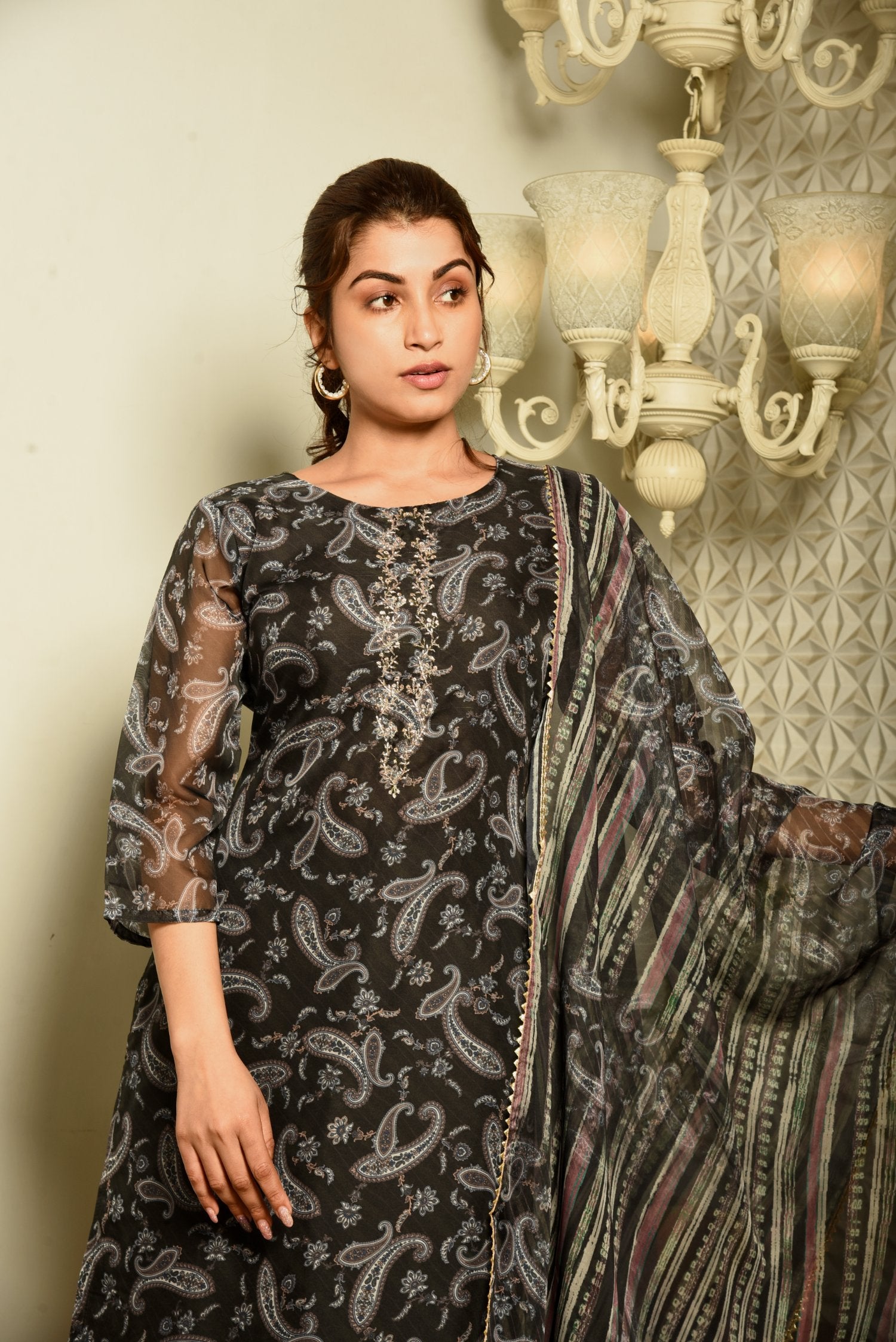 Midnight Black Tissue Printed Kurta set with Hand Embroidery