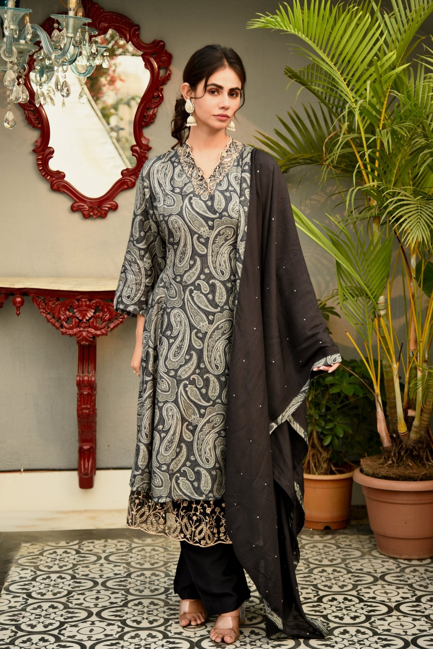 Raven Black Muslin Silk Paisley Printed Kurta set with Hand Embroidery