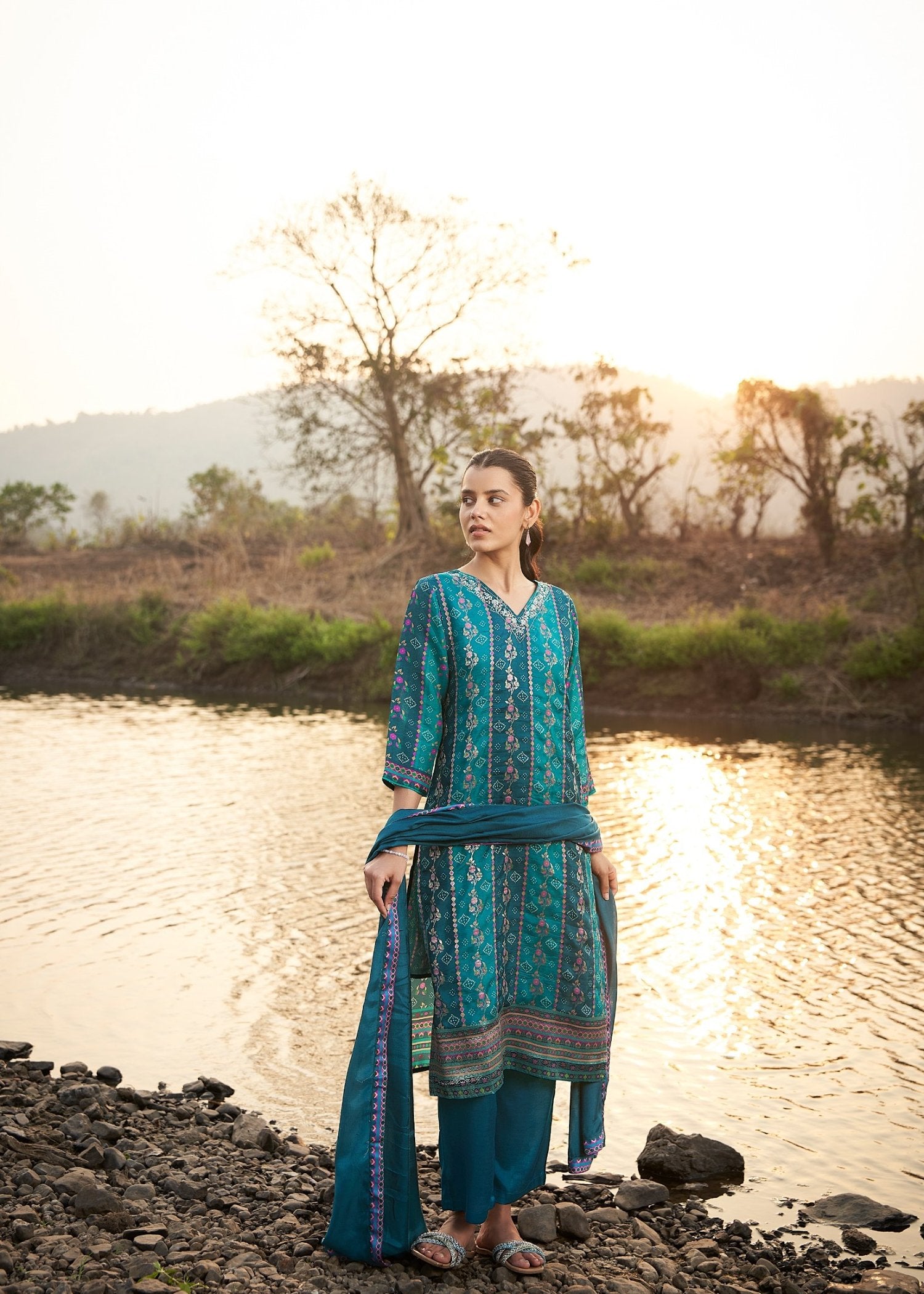 Peacock Blue Chinnon Chiffon Printed Kurta set with Embroidery