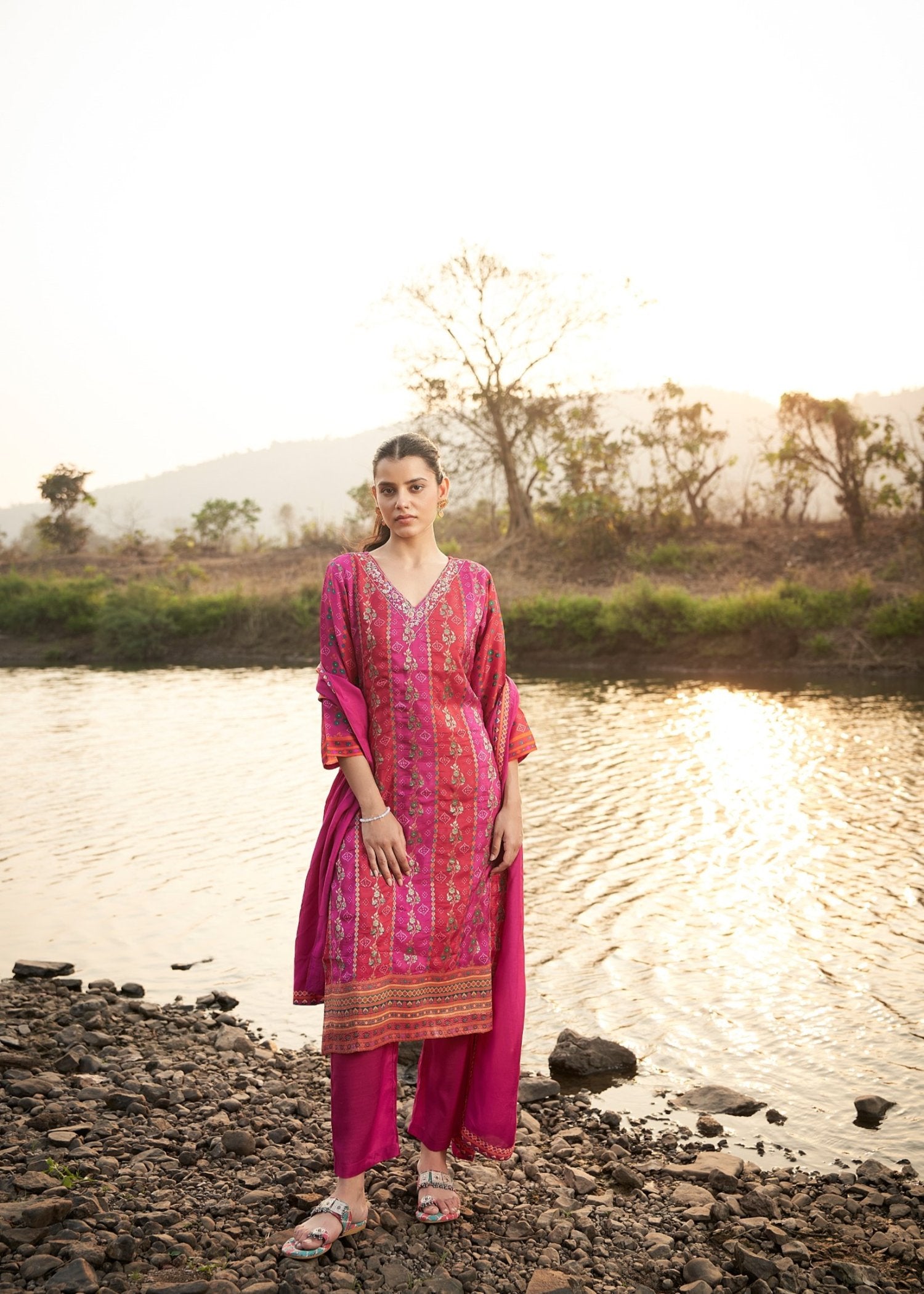 Red & Pink Chinnon Straight Fit Kurta Set