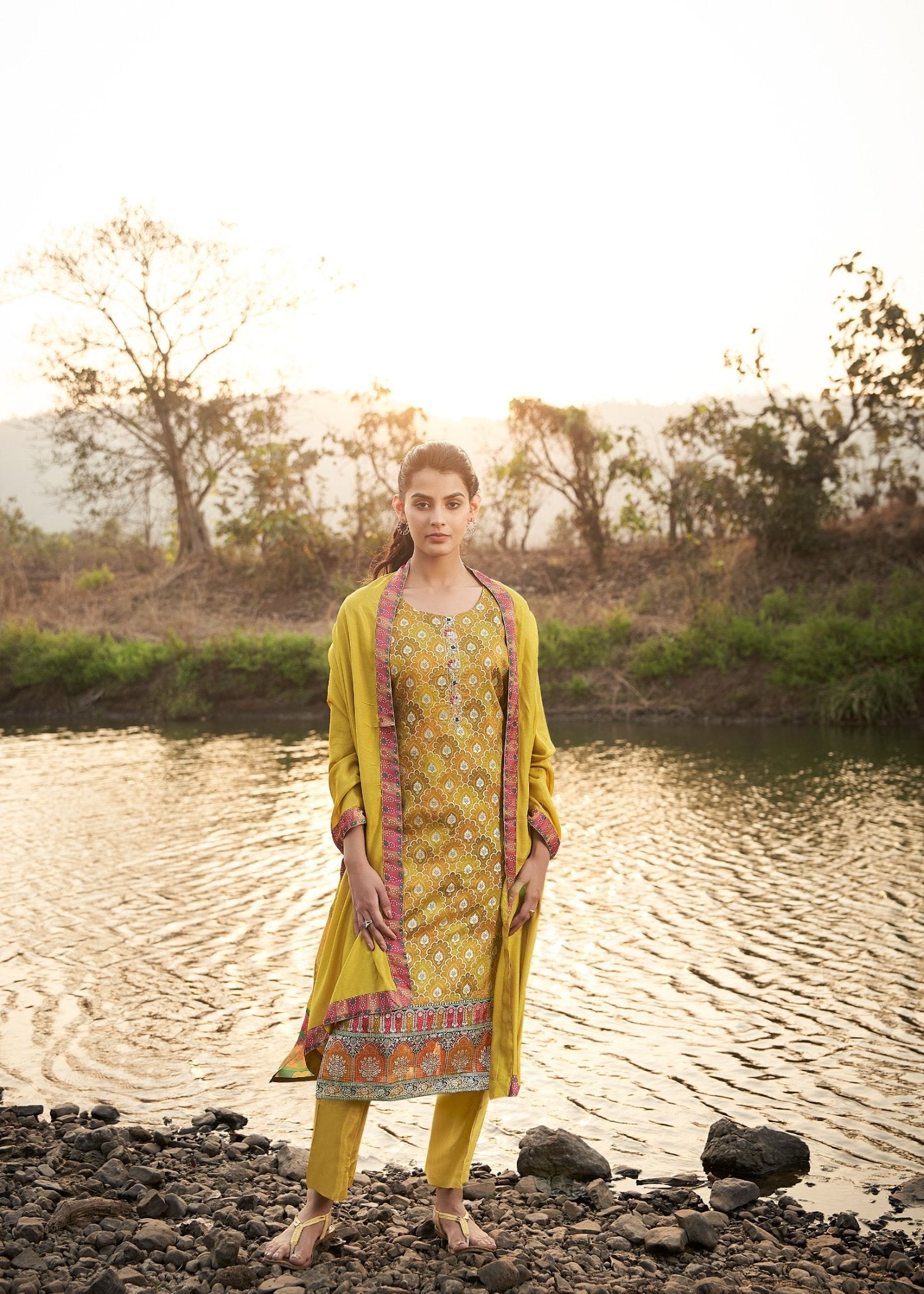 Golden Olive Chinnon Printed Kurta set with Embroidery