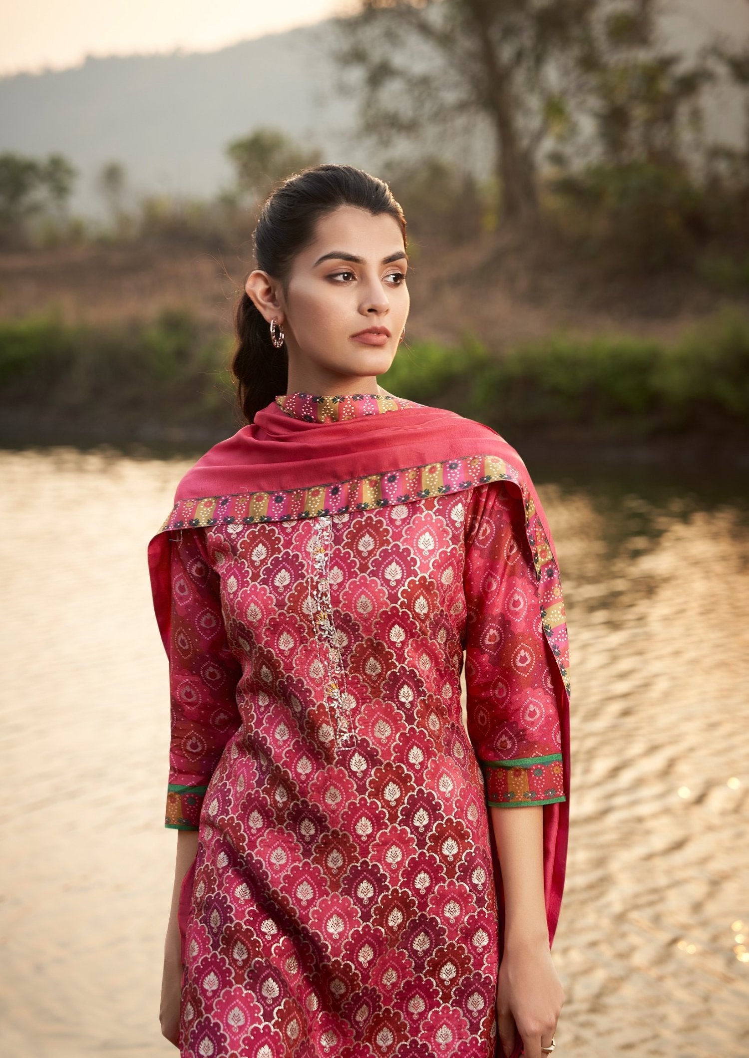 Red Chinnon Printed Kurta set with Embroidery