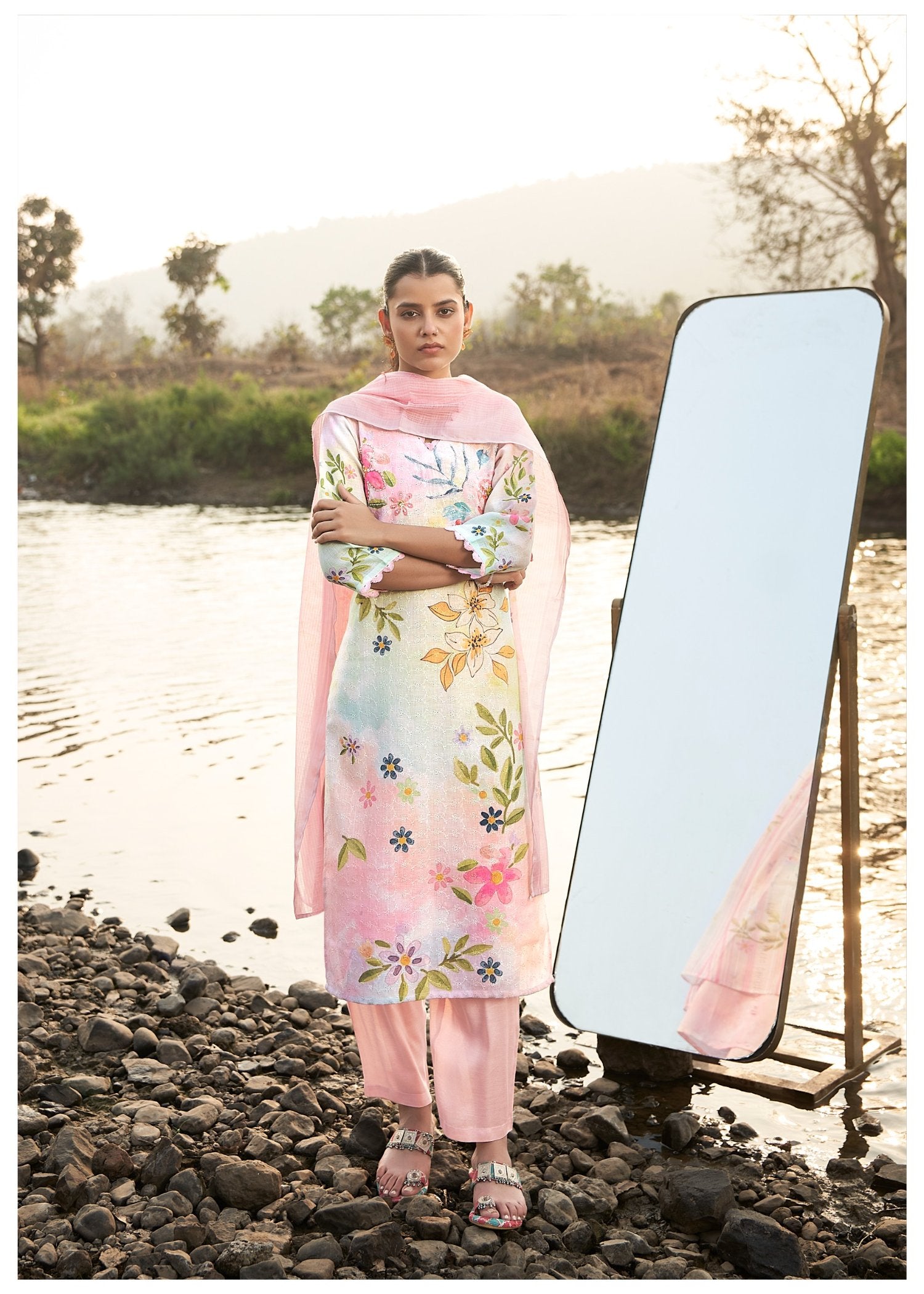 Vivid Blossom Linen Printed Kurta set with Embroidery