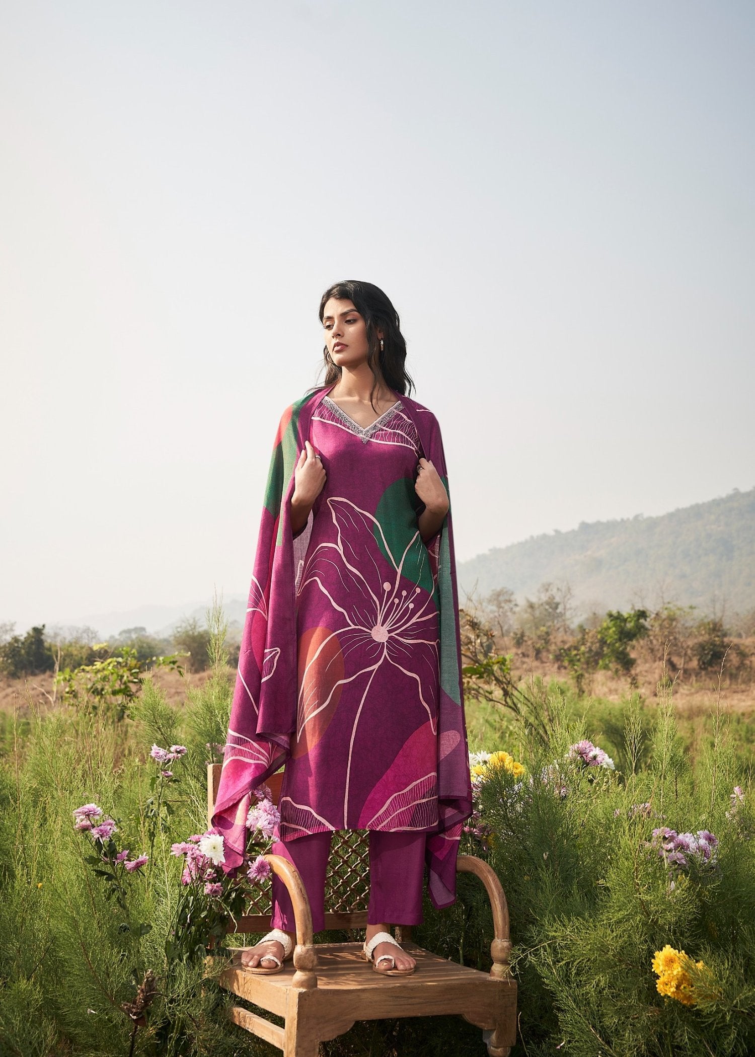 Floral wine Muslin Silk Printed Kurta set with Embroidery