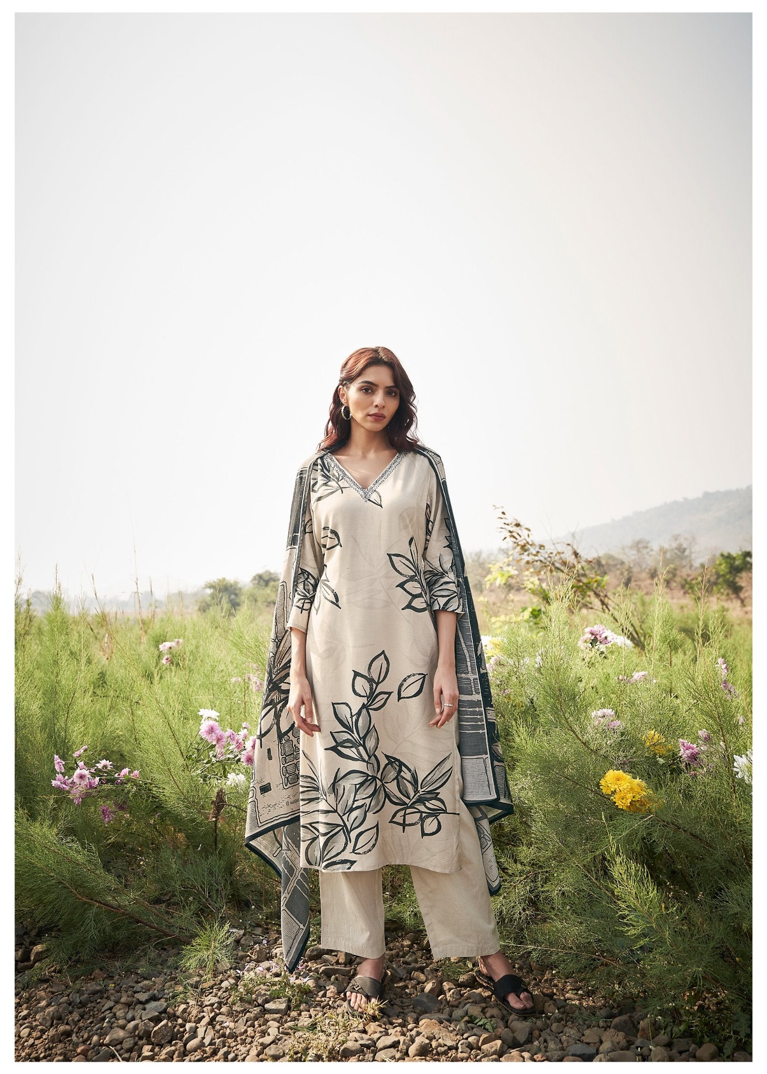 Vanilla Leafy Muslin Silk Printed Kurta set with Embroidery