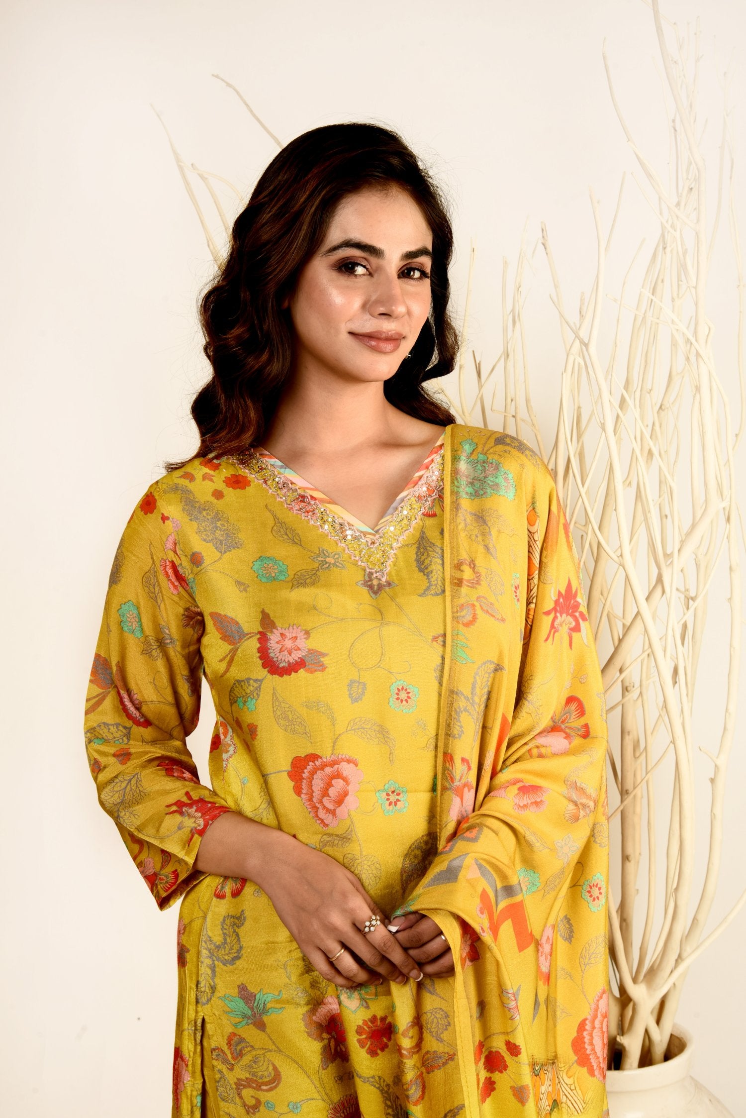 Sunshine Yellow Muslin Silk Floral Printed Kurta set with Embroidery