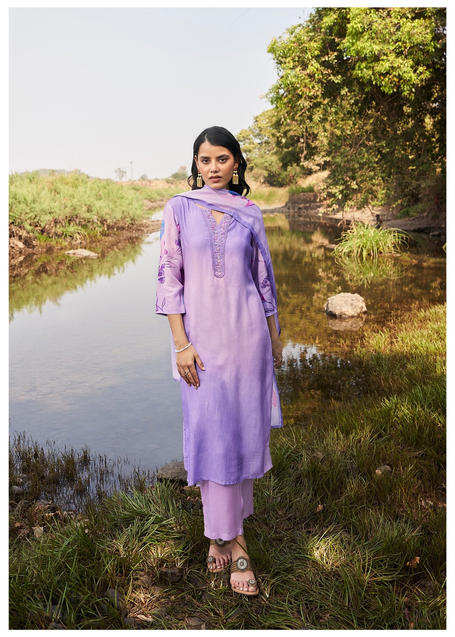 Violet Petal Muslin Silk Printed Kurta set with Embroidery