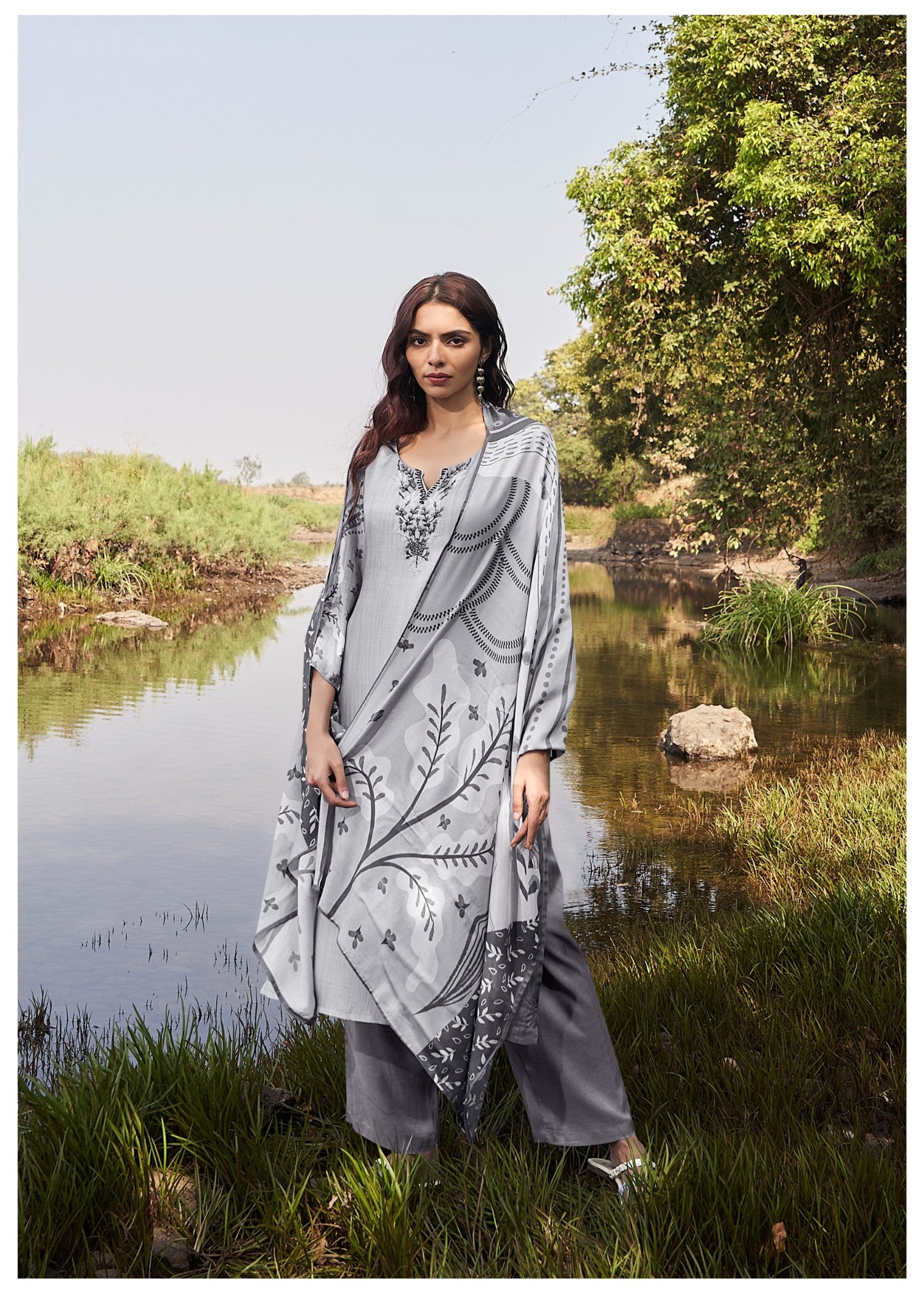 Slate Bloom Muslin Silk Printed Kurta set with Embroidery