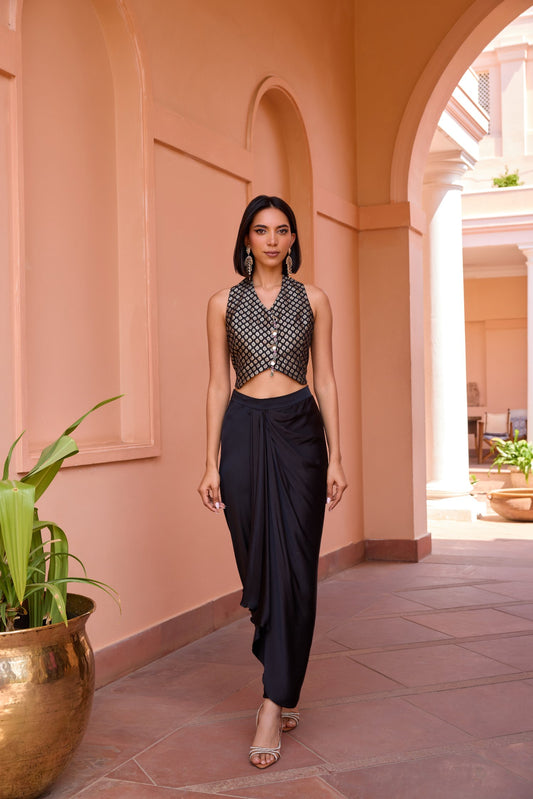 Black Chanderi Jacquard Waistcoat With Drape Pants