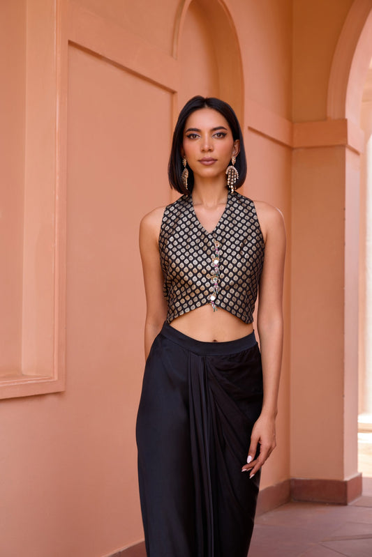 Black Chanderi Jacquard Waistcoat With Drape Pants