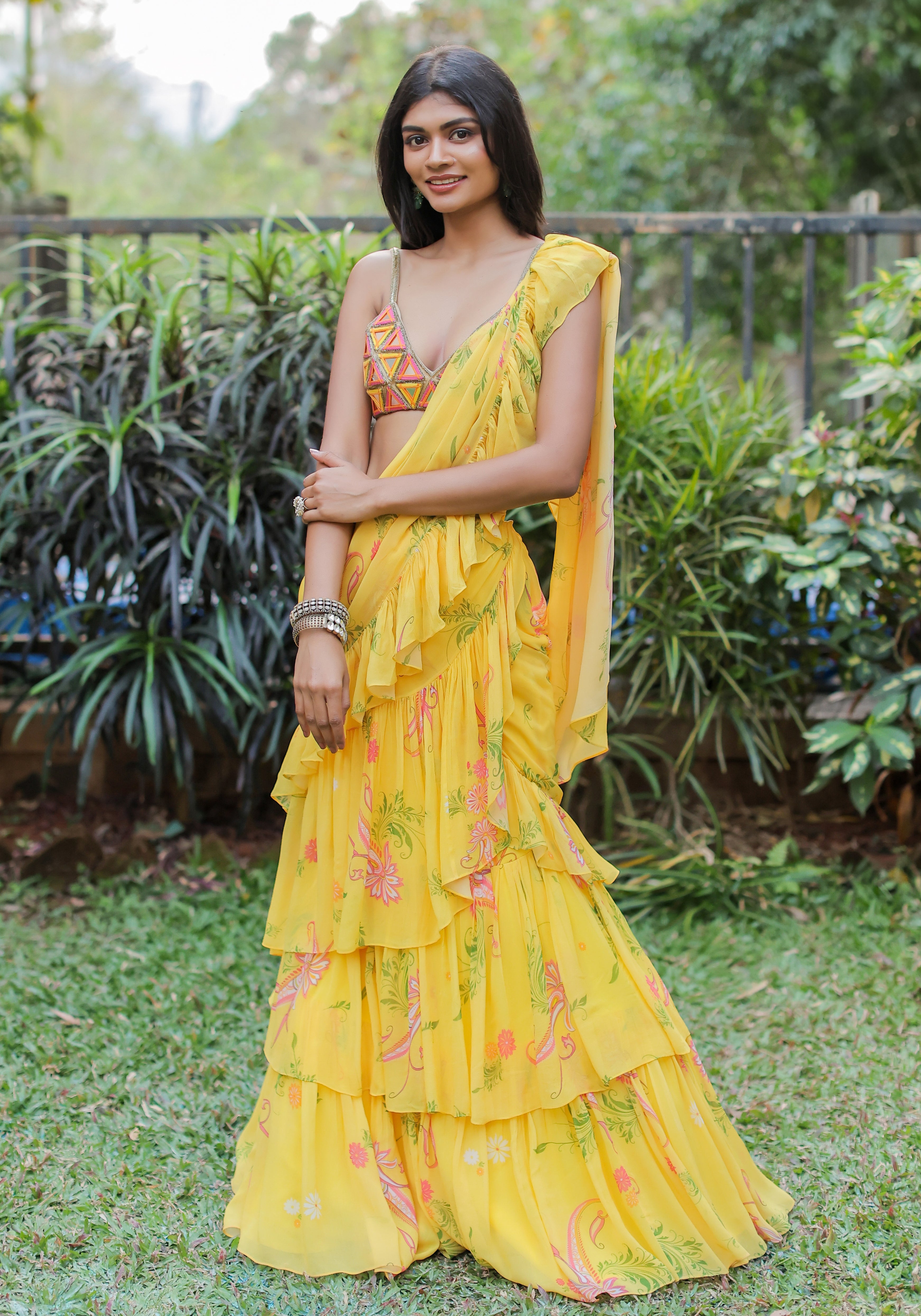 Yellow Printed Ruffle Saree Set