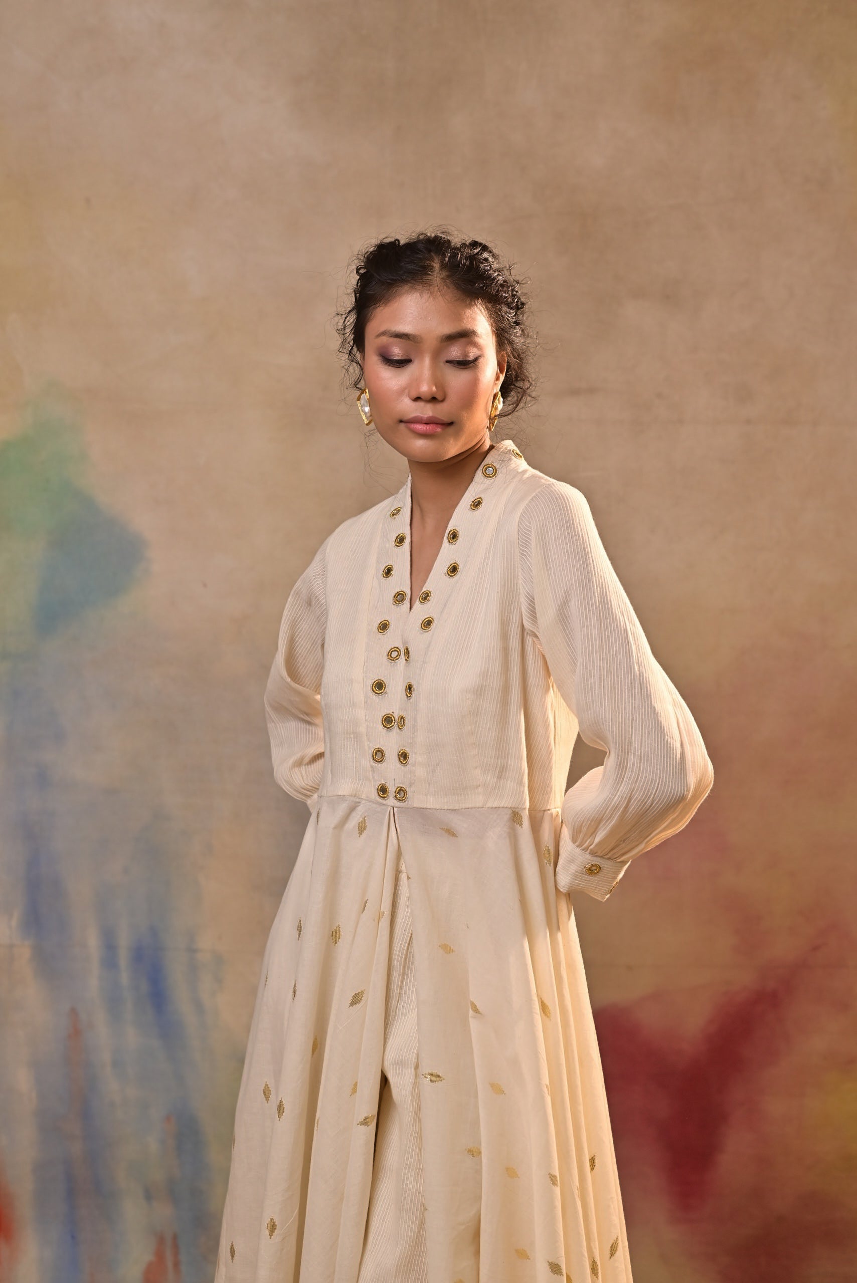 Ivory Gold Accent Indo Western Dress AGASHE