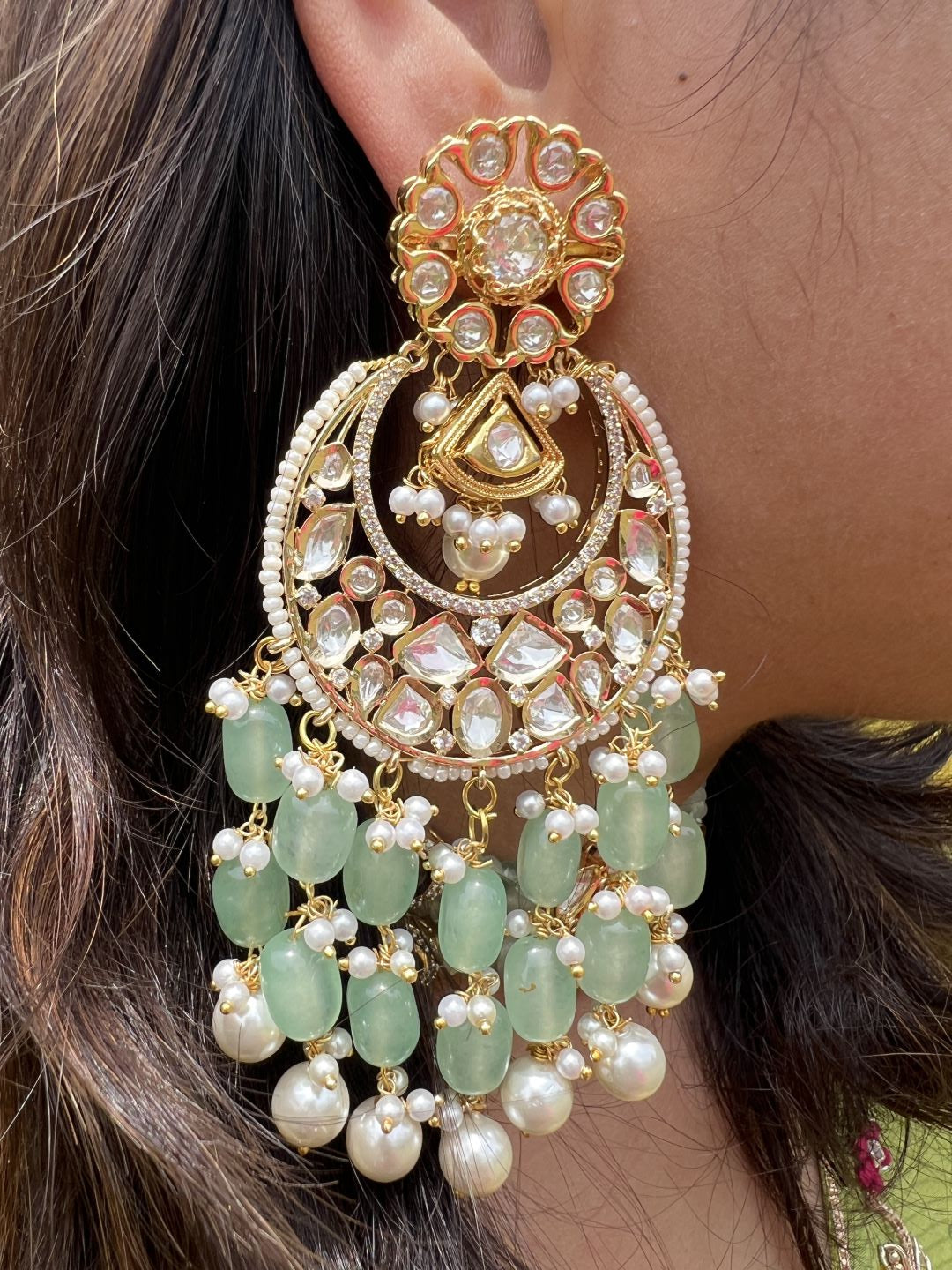 Le Nicolas Sea Green Beads & Kundan Earrings