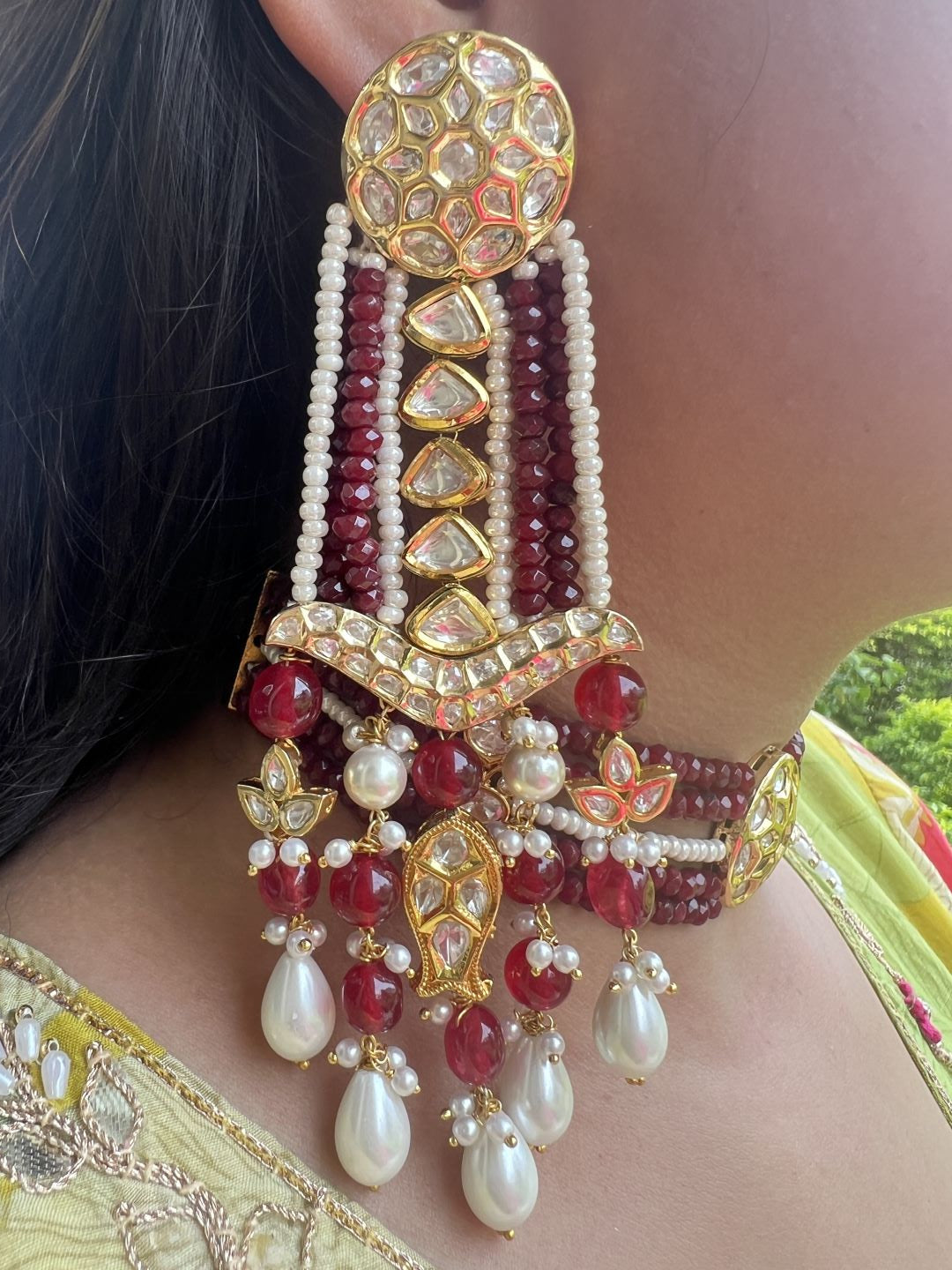 Le Carlos Maroon Pearl & Kundan Earrings