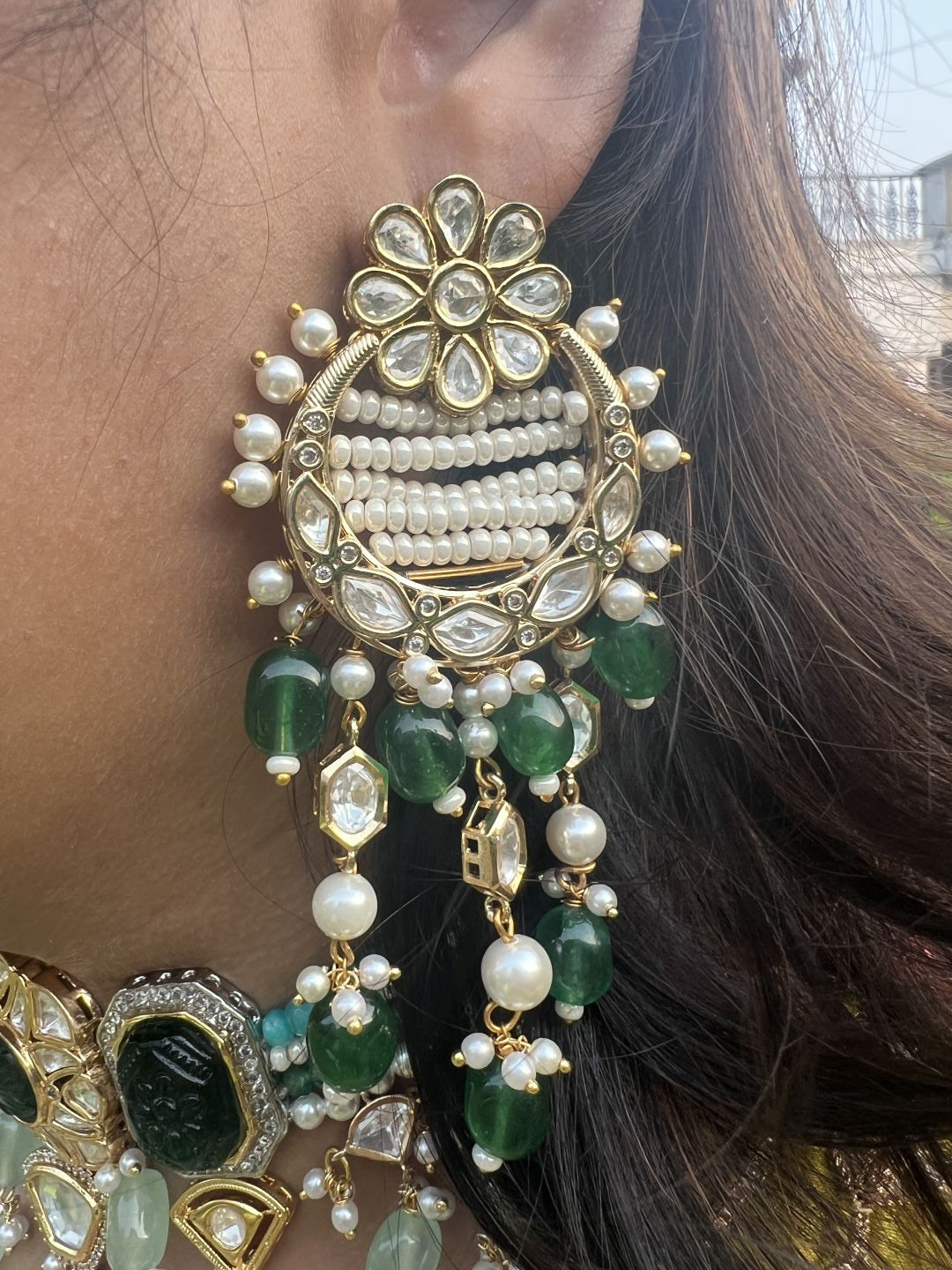 Le Jose Green Pearl & Kundan Earrings